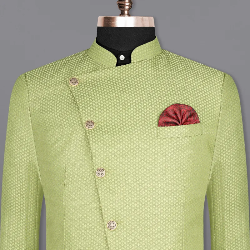 Olivine Green Cross Placket Bandhgala Designer Blazer sold by French Crown
