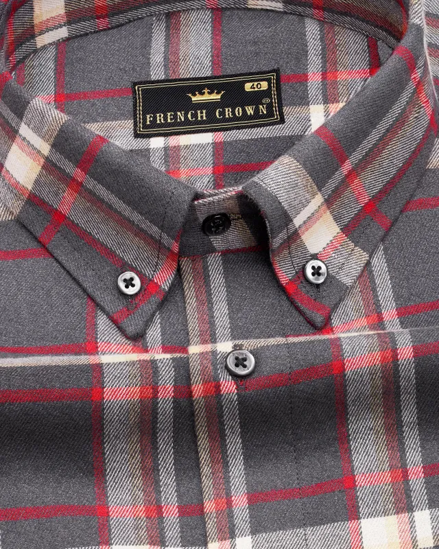 Ironside Gray with off White and Shiraz Red Plaid Flannel Shirt sold by French Crown