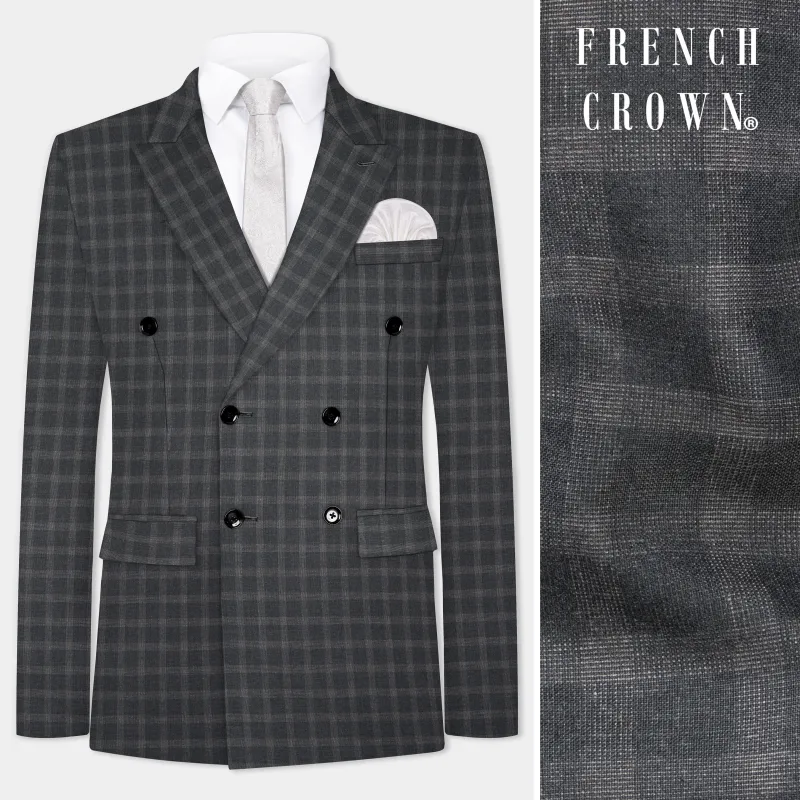 Gravel Gray Checkered Wool Blend Double Breasted Blazer sold by French Crown