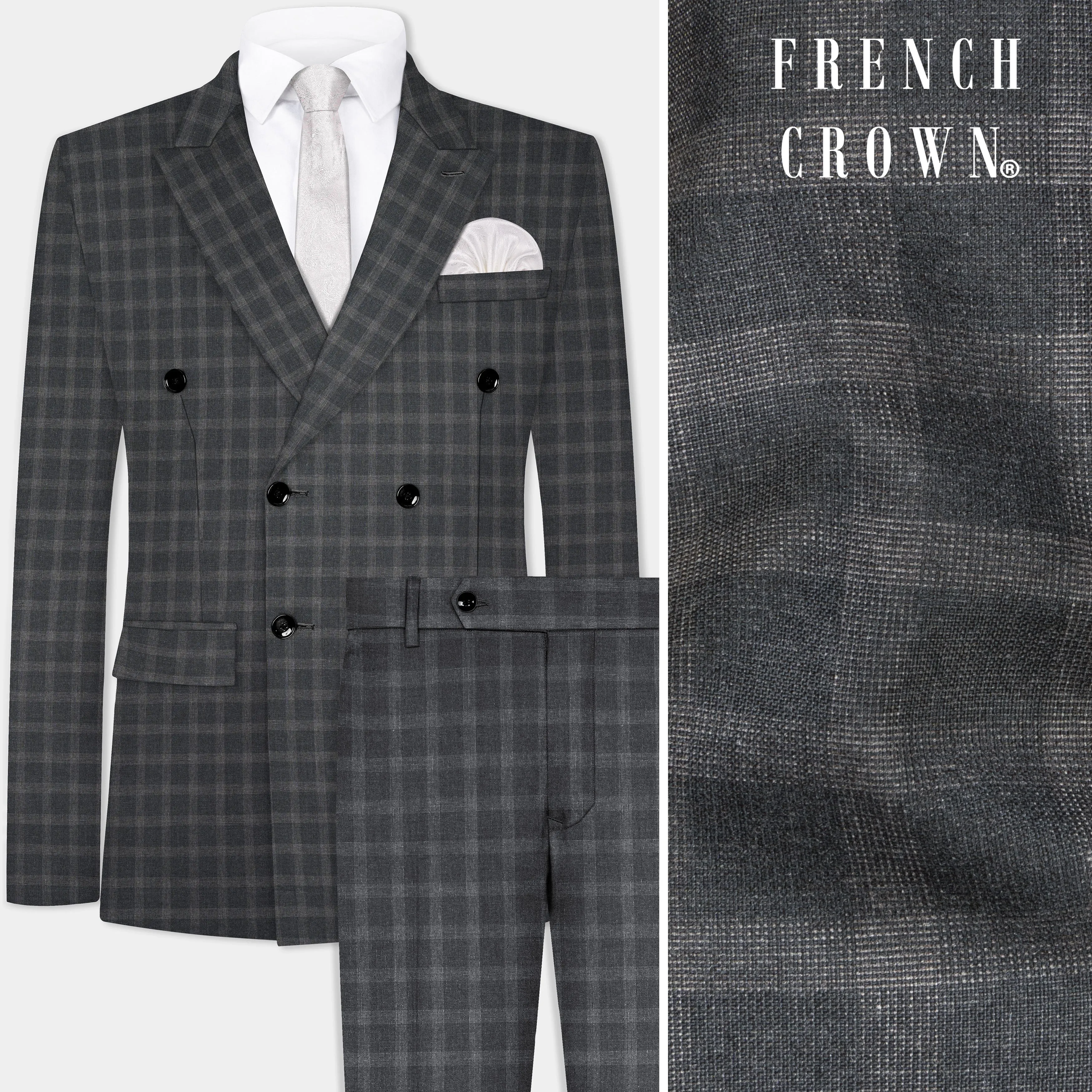 Gravel Gray Checkered Wool Blend Double Breasted Suit sold by French Crown