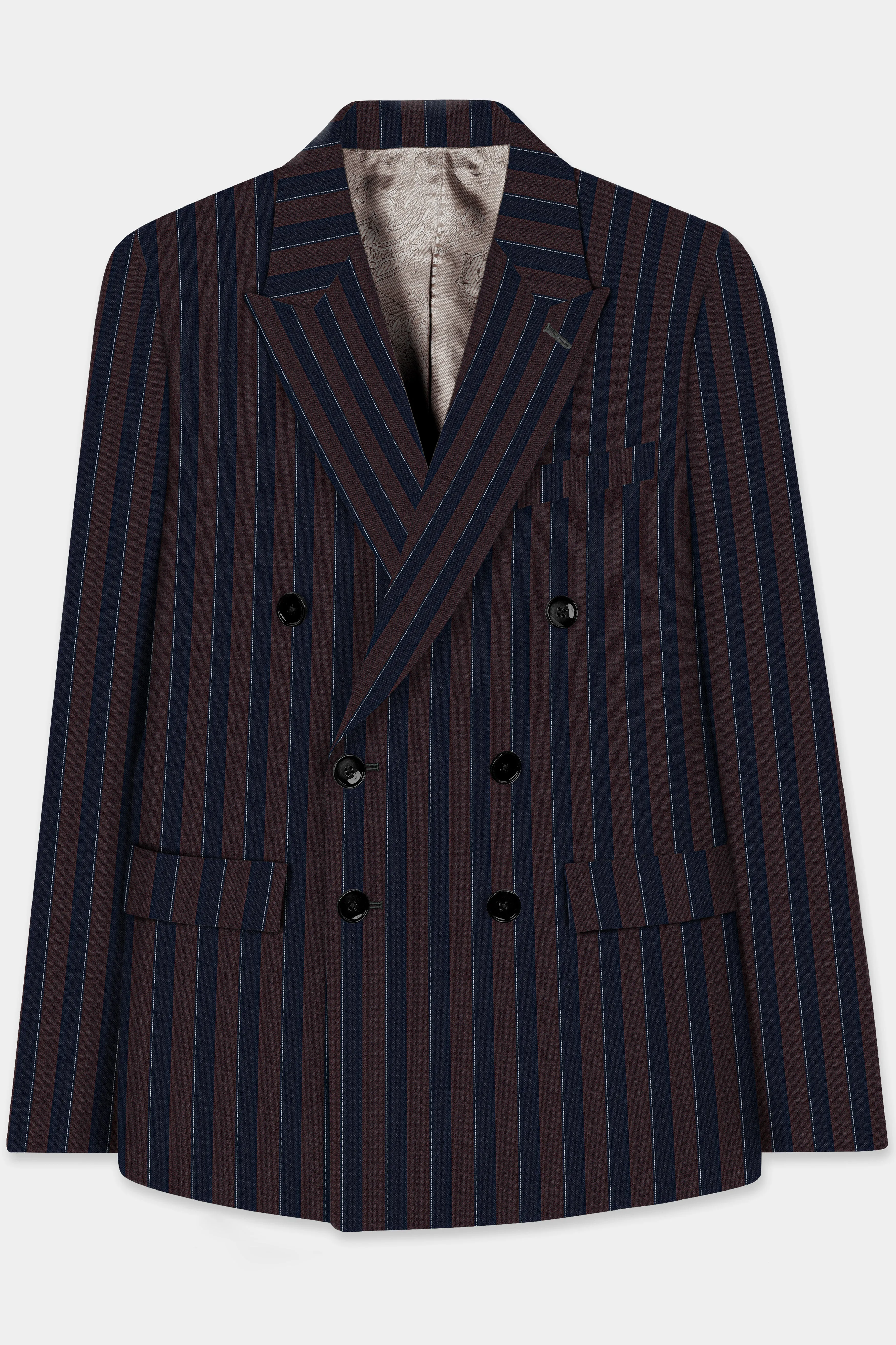 Bistre Brown and Admiral Blue Striped Wool Rich Double Breasted Blazer sold by French Crown product image thumbnail 2
