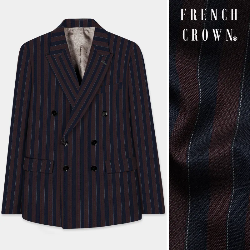 Bistre Brown and Admiral Blue Striped Wool Rich Double Breasted Blazer sold by French Crown