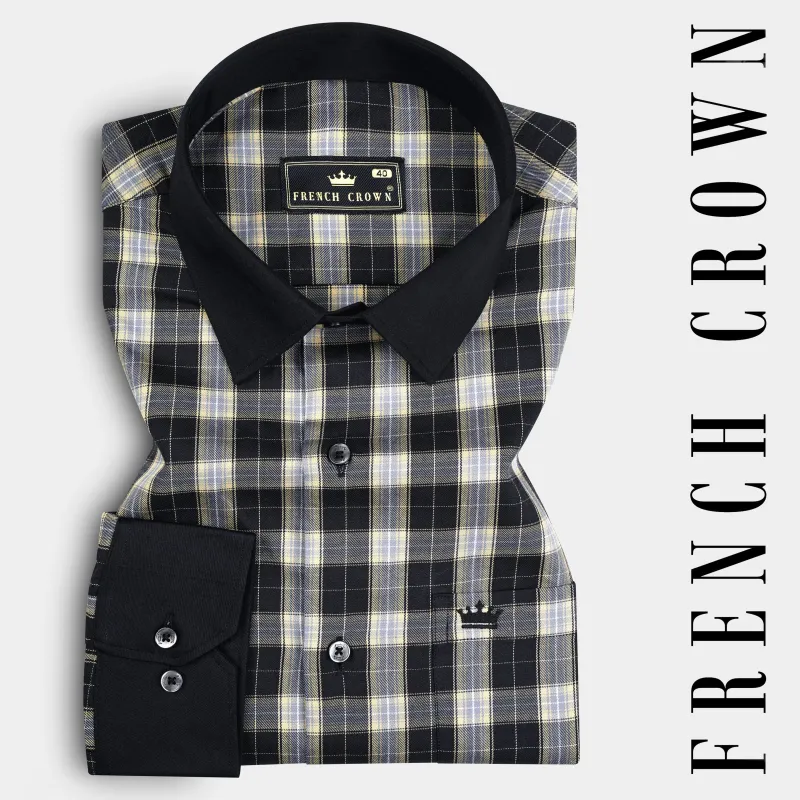 Jade Black with Raven Gray Plaid Twill Cotton Shirt sold by French Crown