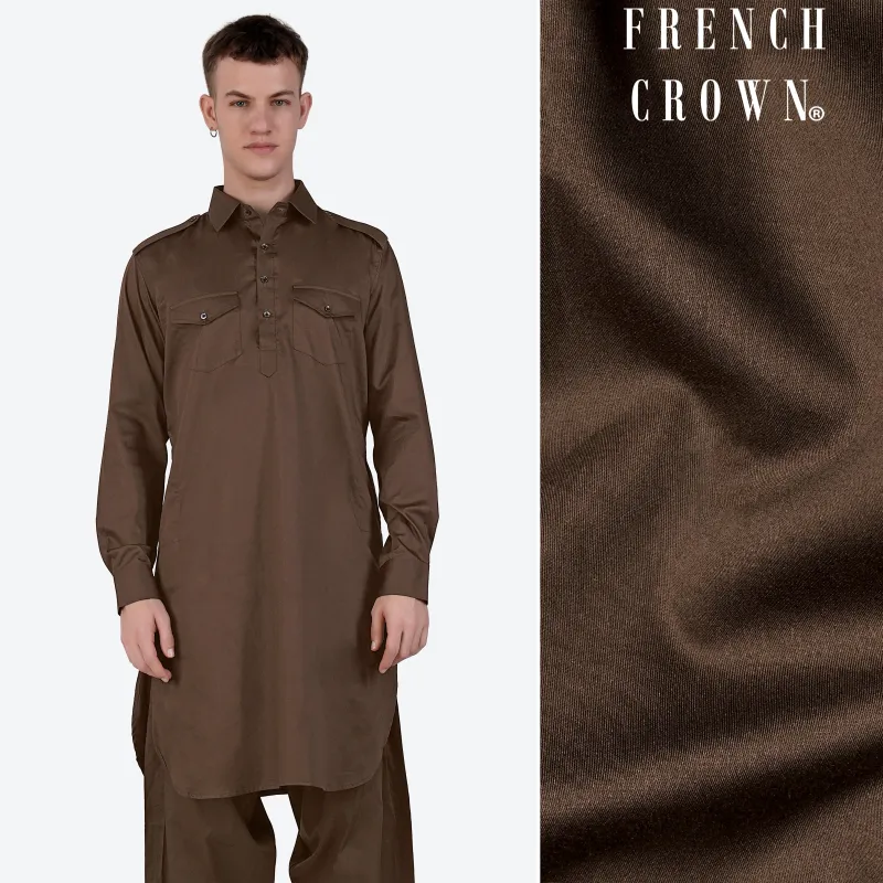 Medium Taupe Brown Subtle Sheen Super Soft Premium Cotton Pathani Kurta sold by French Crown