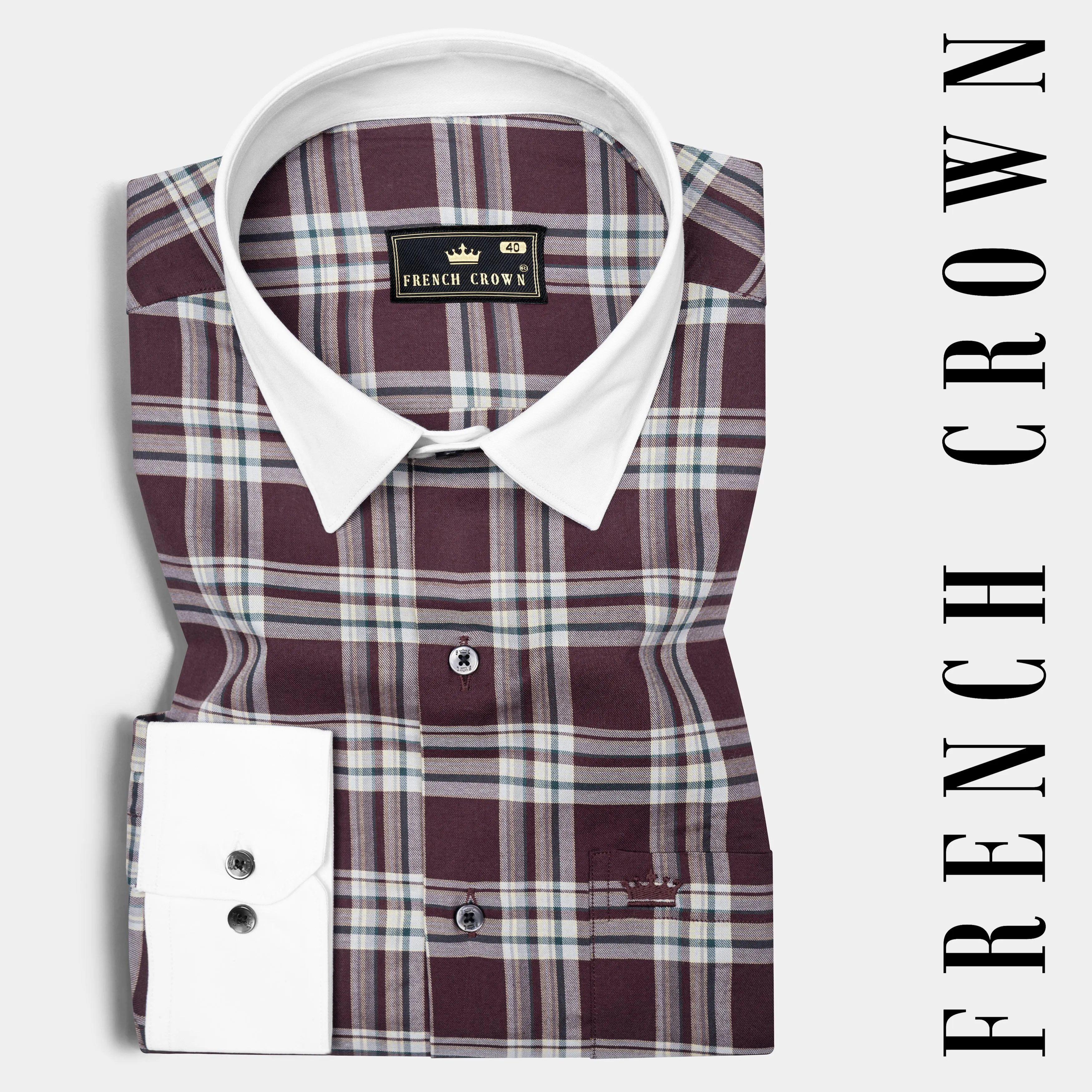 Thunder Brown with White Plaid Twill Cotton Shirt sold by French Crown