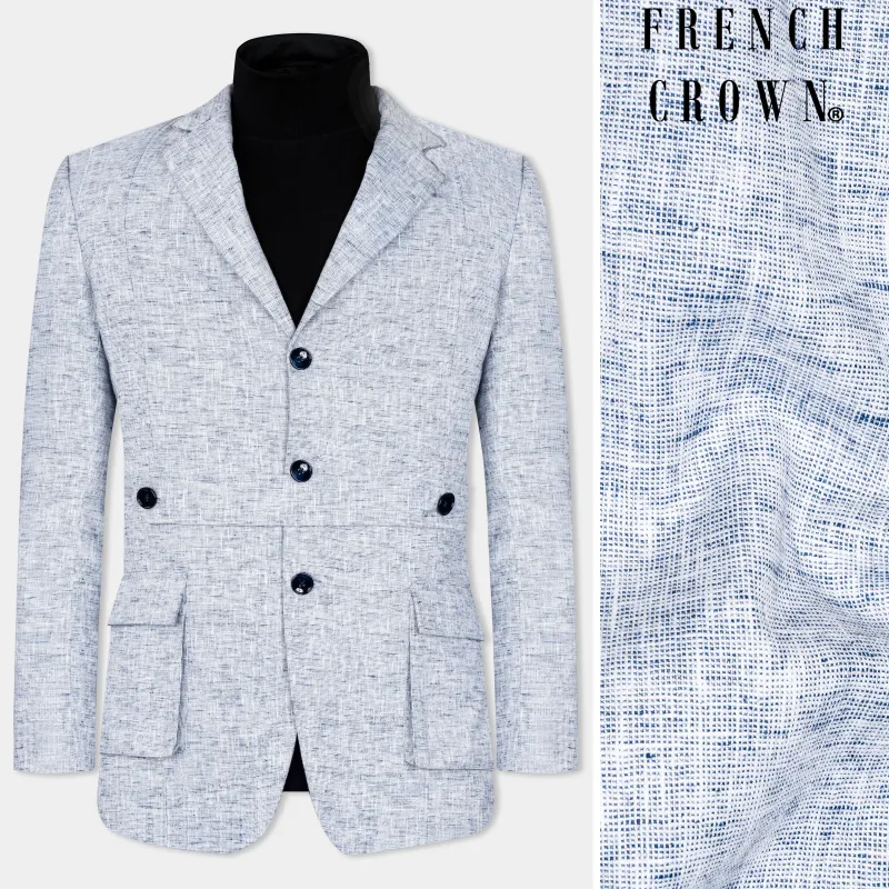 Bright White and Rhino Blue Luxurious Linen Designer Blazer sold by French Crown
