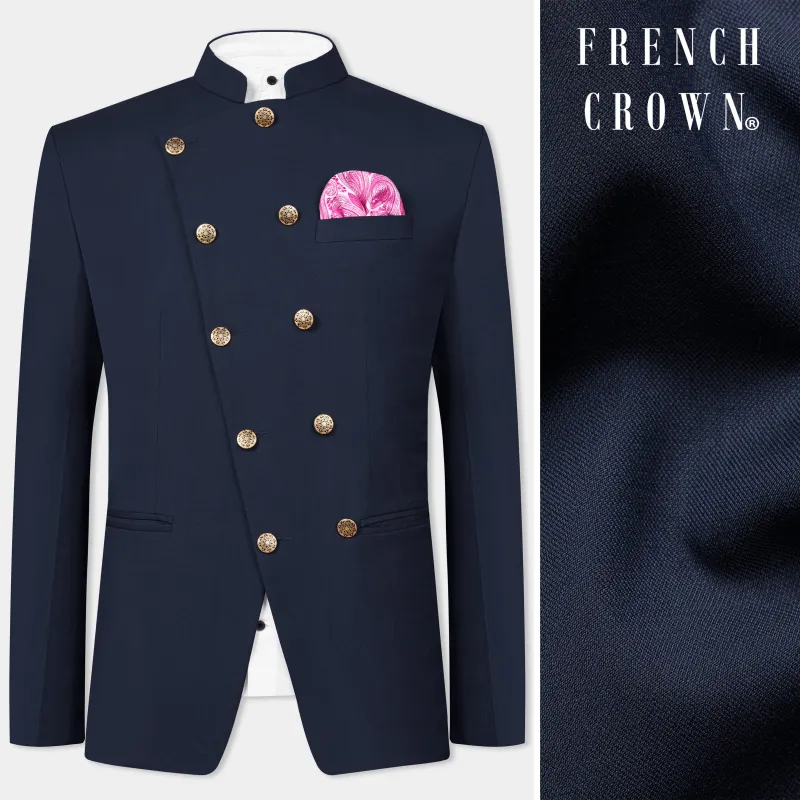Cinder Blue Wool Rich Cross Placket Bandhgala Blazer sold by French Crown