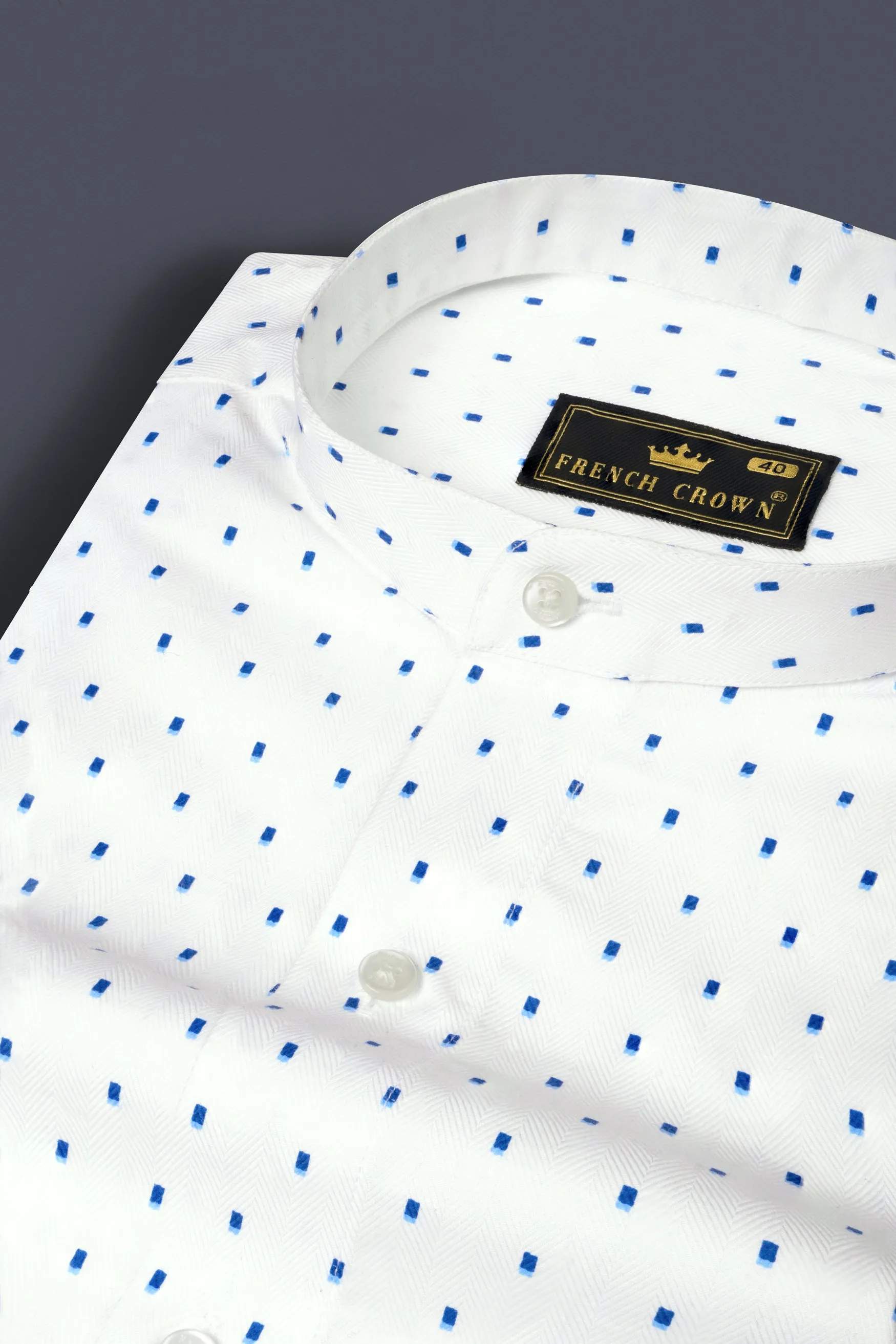 Bright White with French Blue Printed Herringbone Shirt sold by French Crown