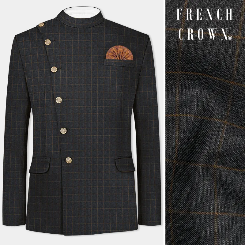 Gunmetal Gray with Dirt Brown Windowpane Wool Blend Blazer sold by French Crown