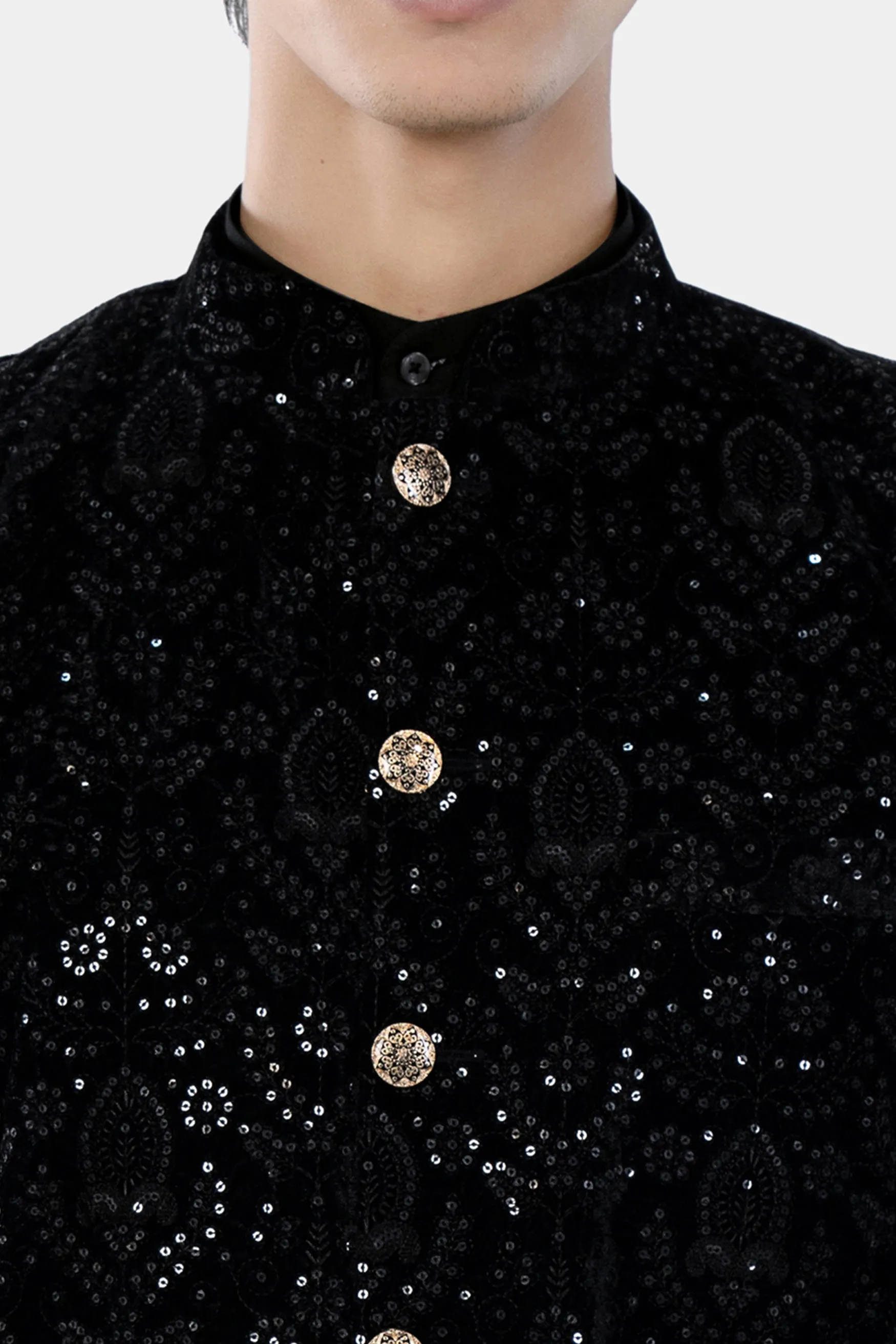 Jade Black Sequin Embroidered Designer Nehru Jacket sold by French Crown product image thumbnail 4