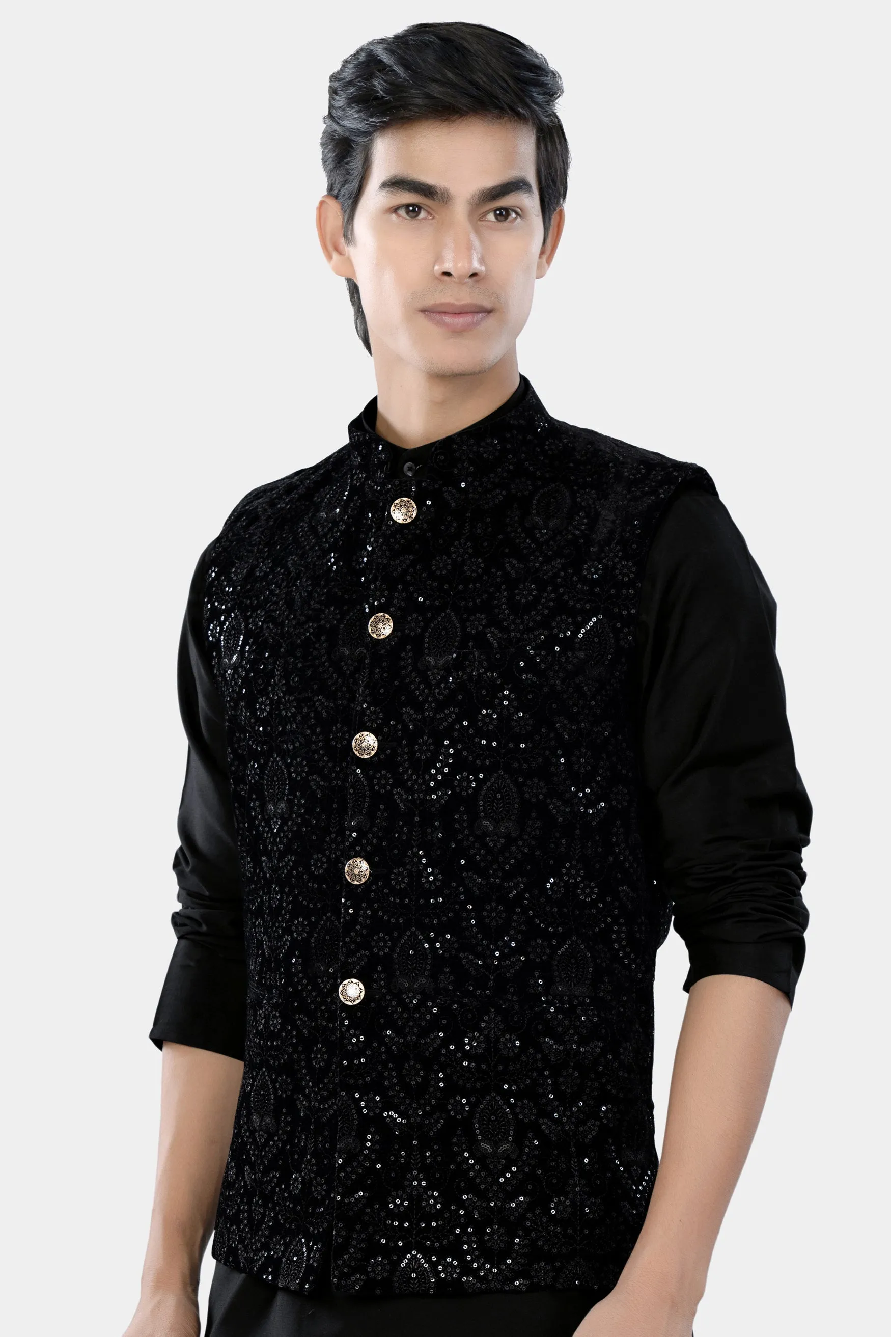 Jade Black Sequin Embroidered Designer Nehru Jacket sold by French Crown product image thumbnail 5