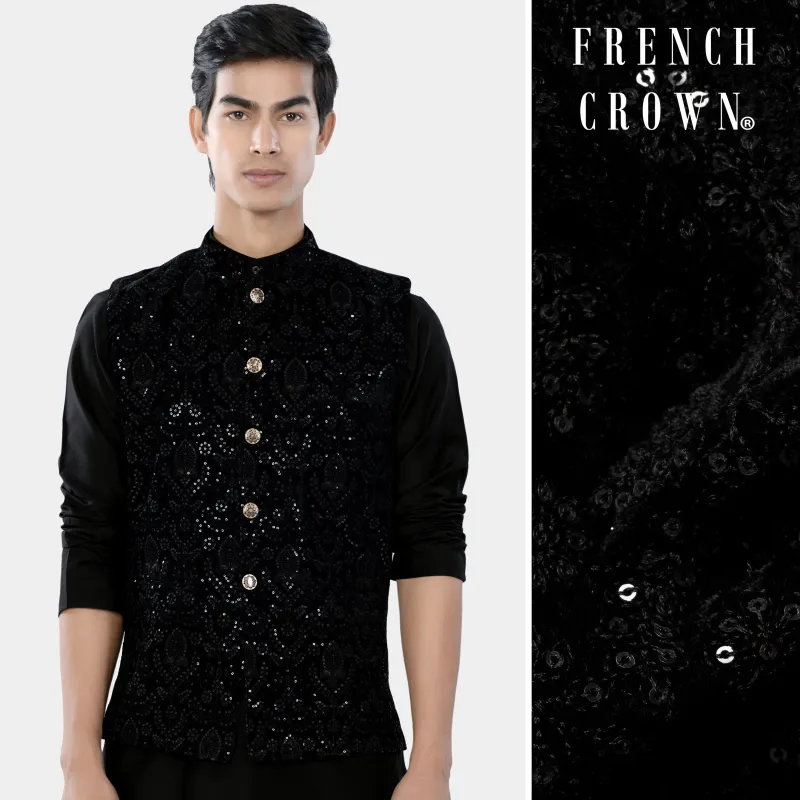 Jade Black Sequin Embroidered Designer Nehru Jacket sold by French Crown