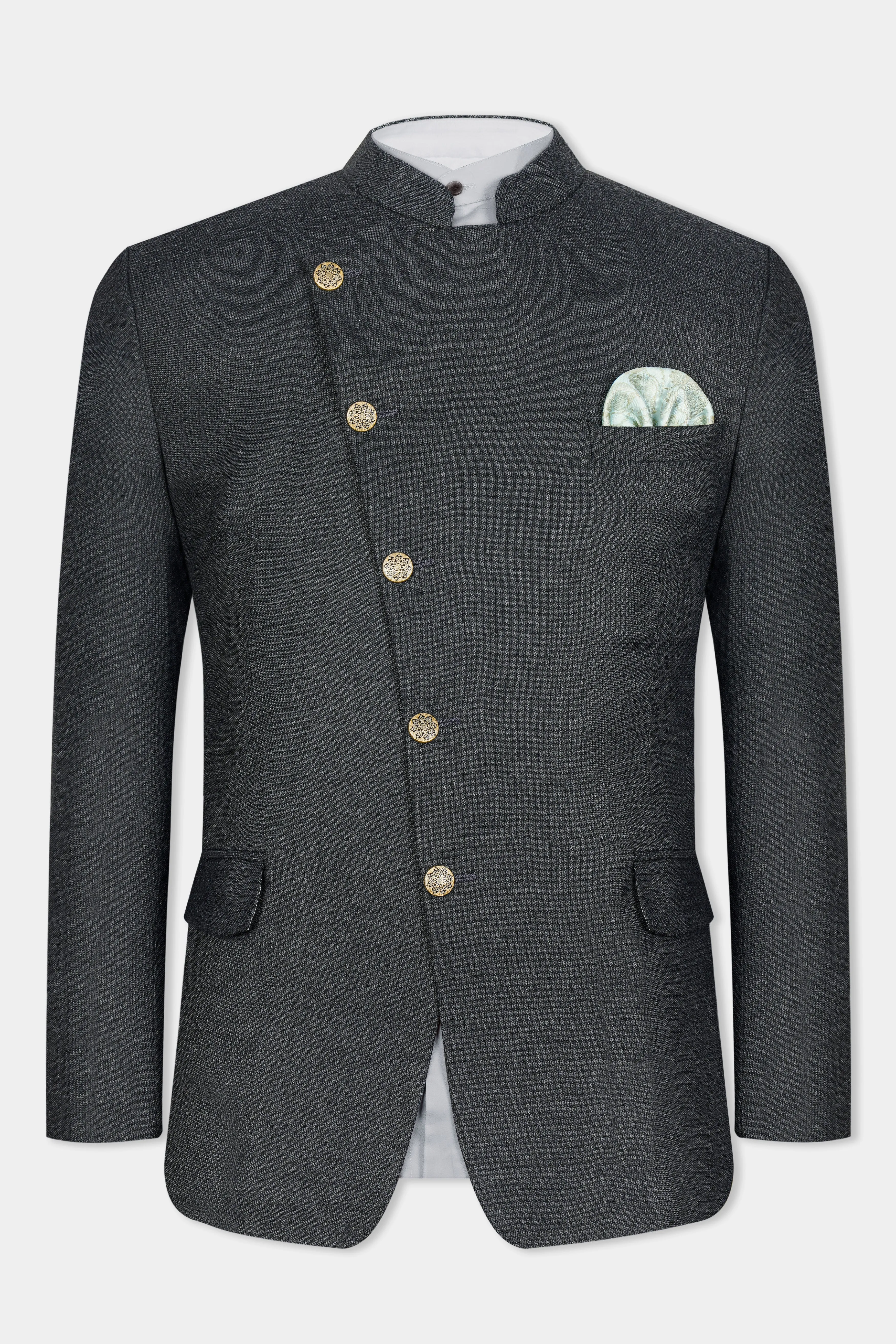 Gunmetal Grey Cross Placket Wool Rich Bandhgala Blazer sold by French Crown product image thumbnail 2