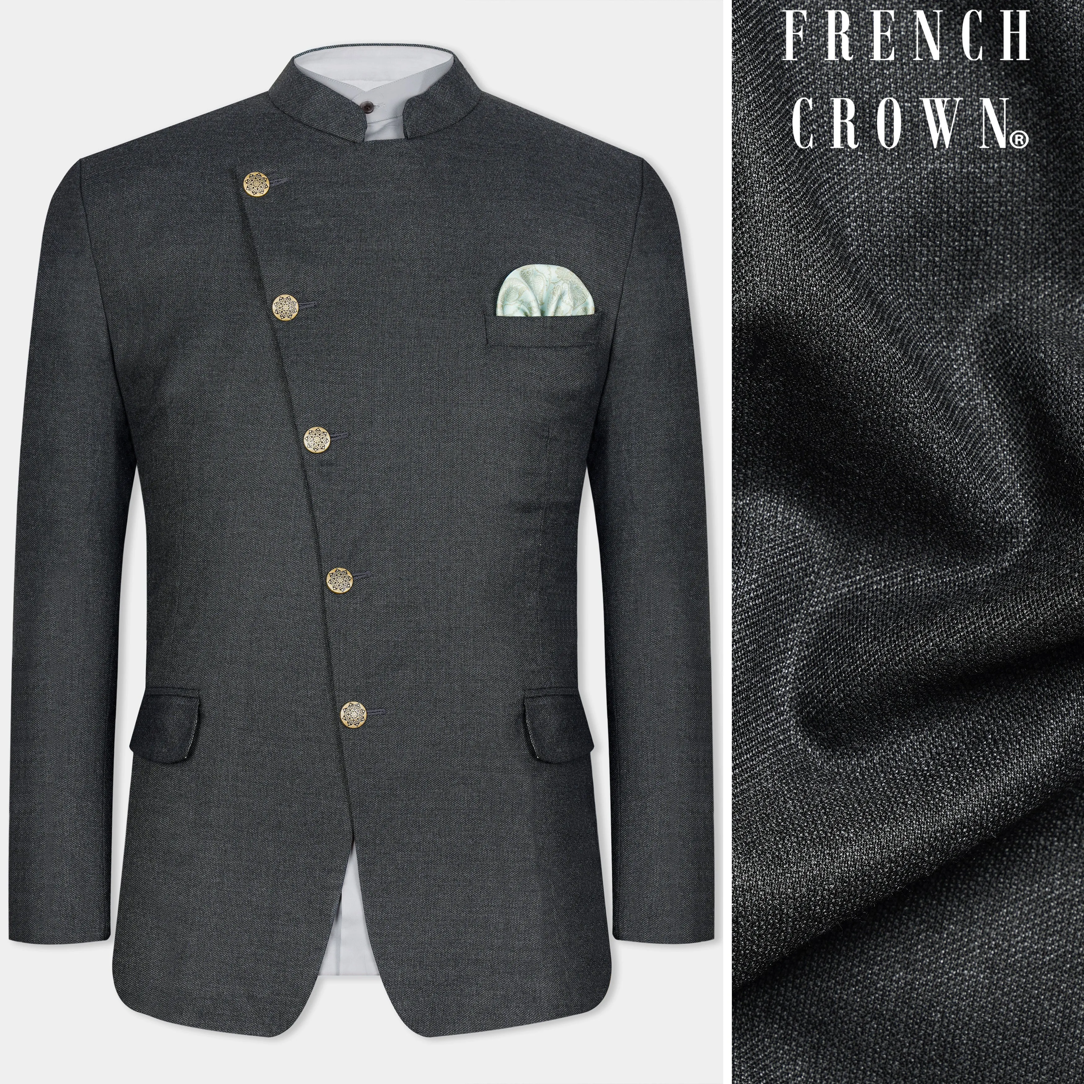 Gunmetal Grey Cross Placket Wool Rich Bandhgala Blazer sold by French Crown