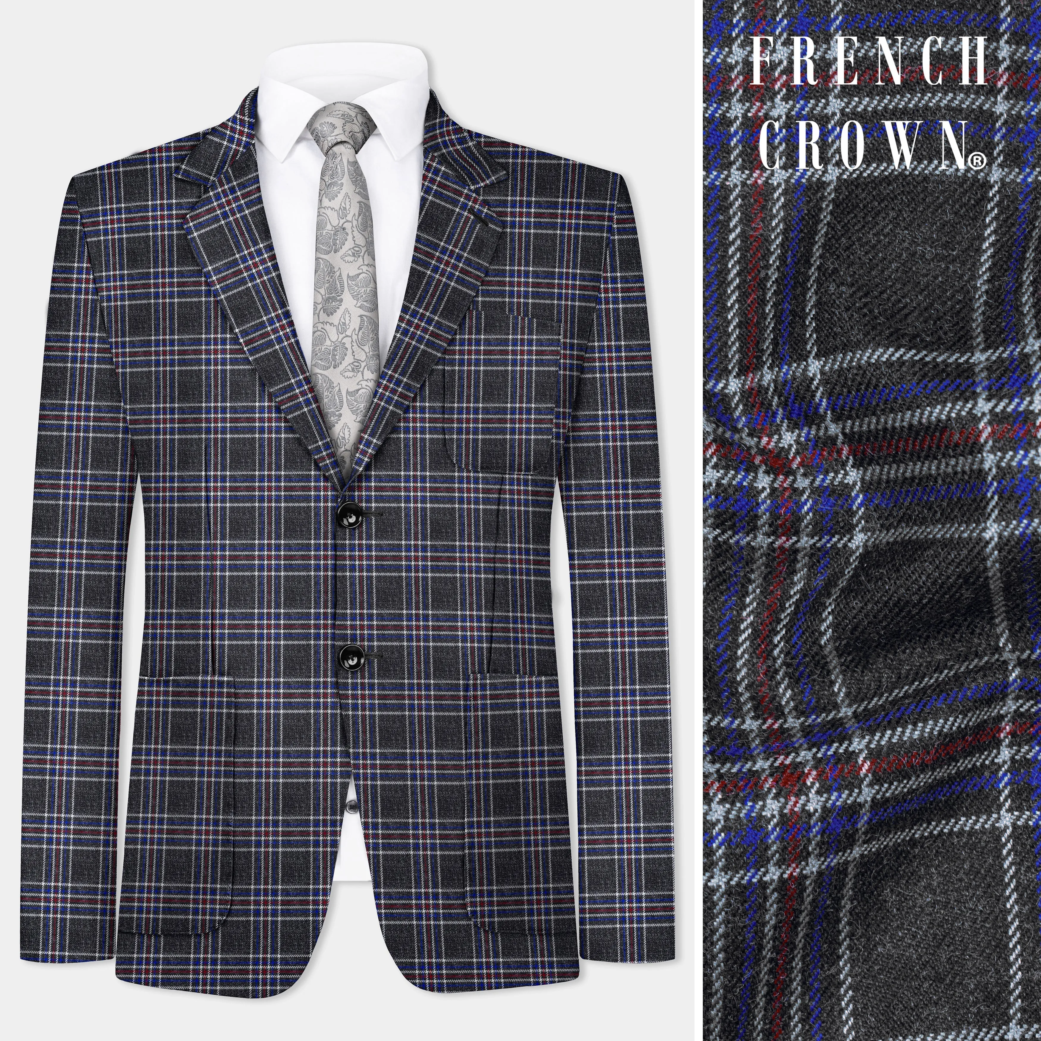 Tuatara Gray Multicolour Plaid Tweed Blazer sold by French Crown