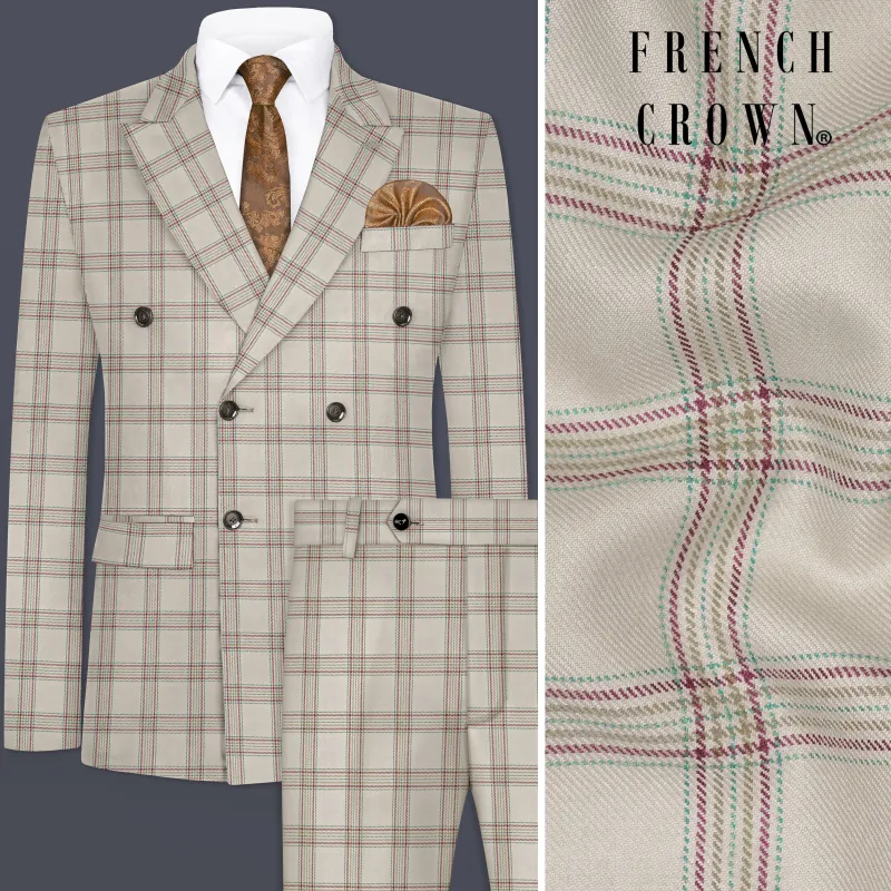 Swirl Cream with Maroon and Green windowpane Tweed Double Breasted Suit made by French Crown