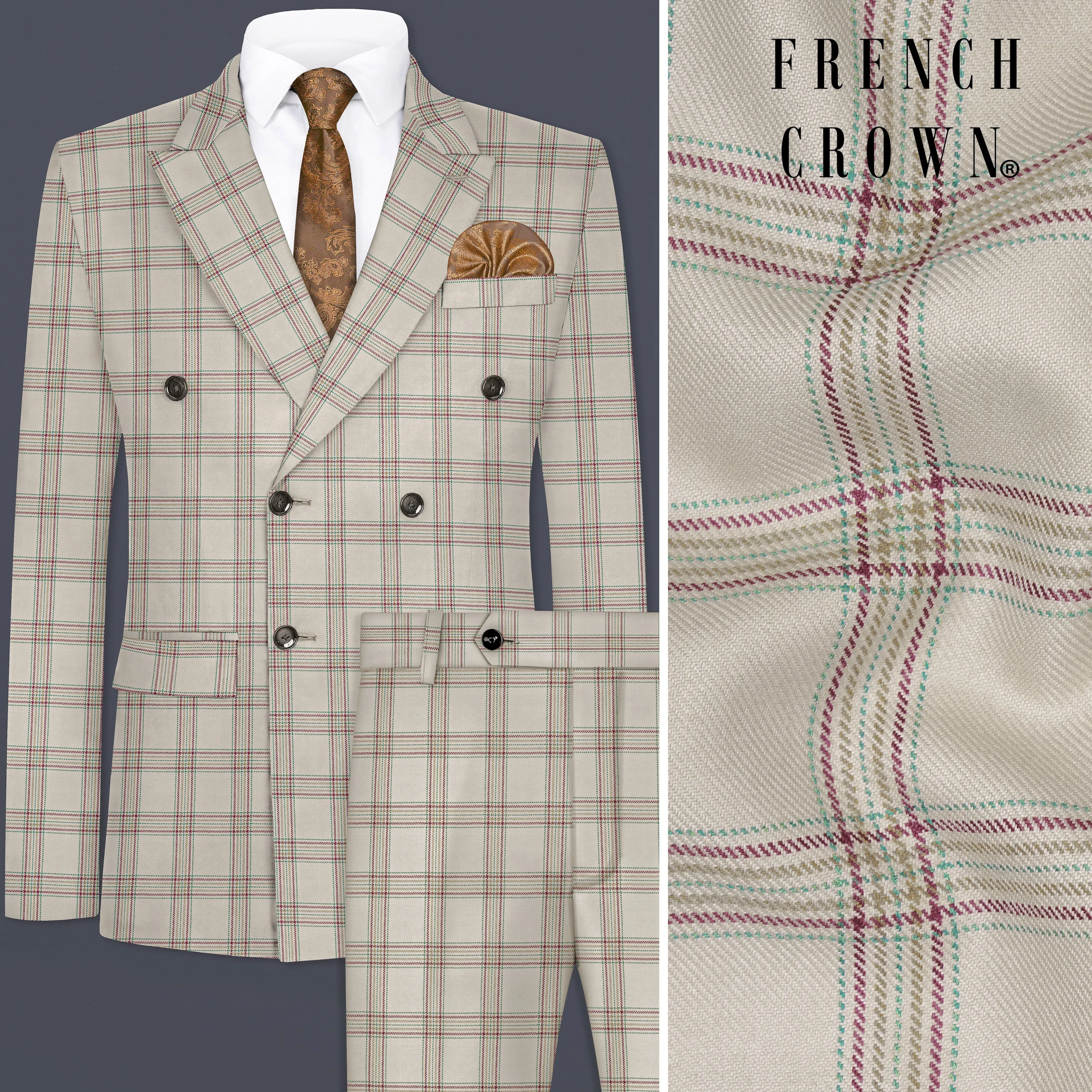 Swirl Cream with Maroon and Green windowpane Tweed Double Breasted Suit sold by French Crown