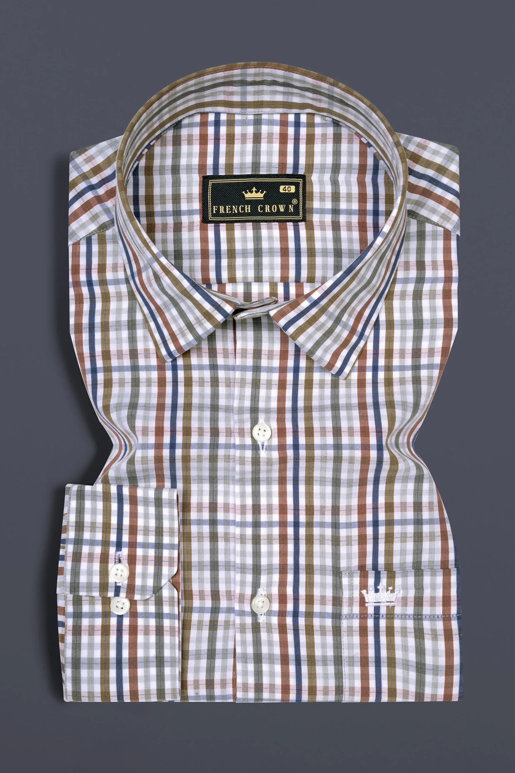 Bright White with Sepia Brown and Rhino Blue Checkered Poplin Giza Cotton Shirt sold by French Crown product image thumbnail 3