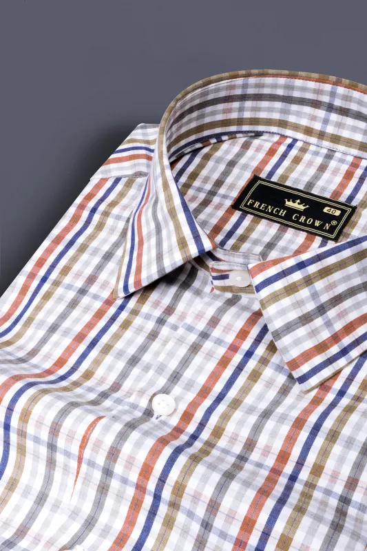 Bright White with Sepia Brown and Rhino Blue Checkered Poplin Giza Cotton Shirt sold by French Crown