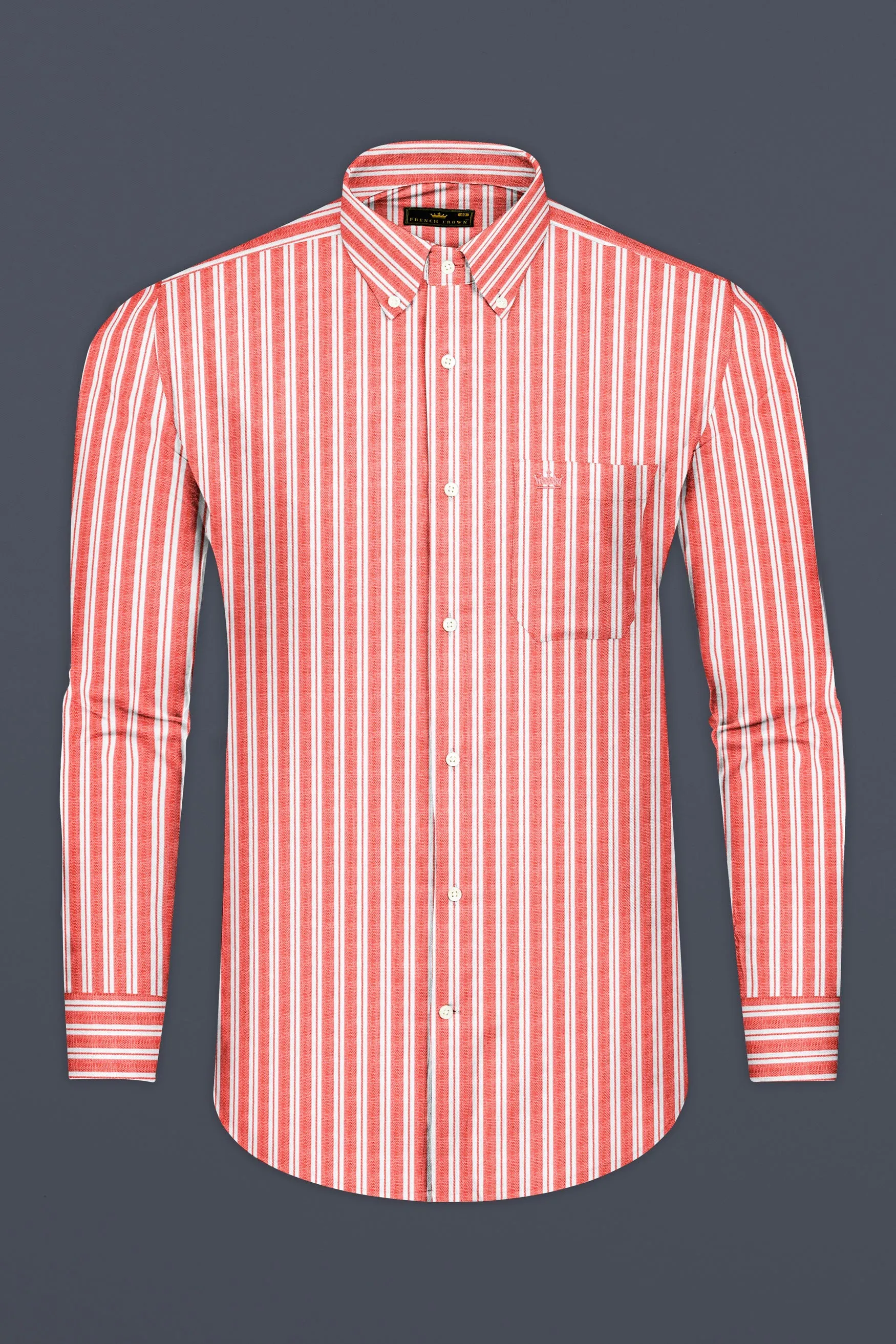 Geraldine Orange and White Striped Dobby Textured Premium Cotton Shirt sold by French Crown product image thumbnail 4