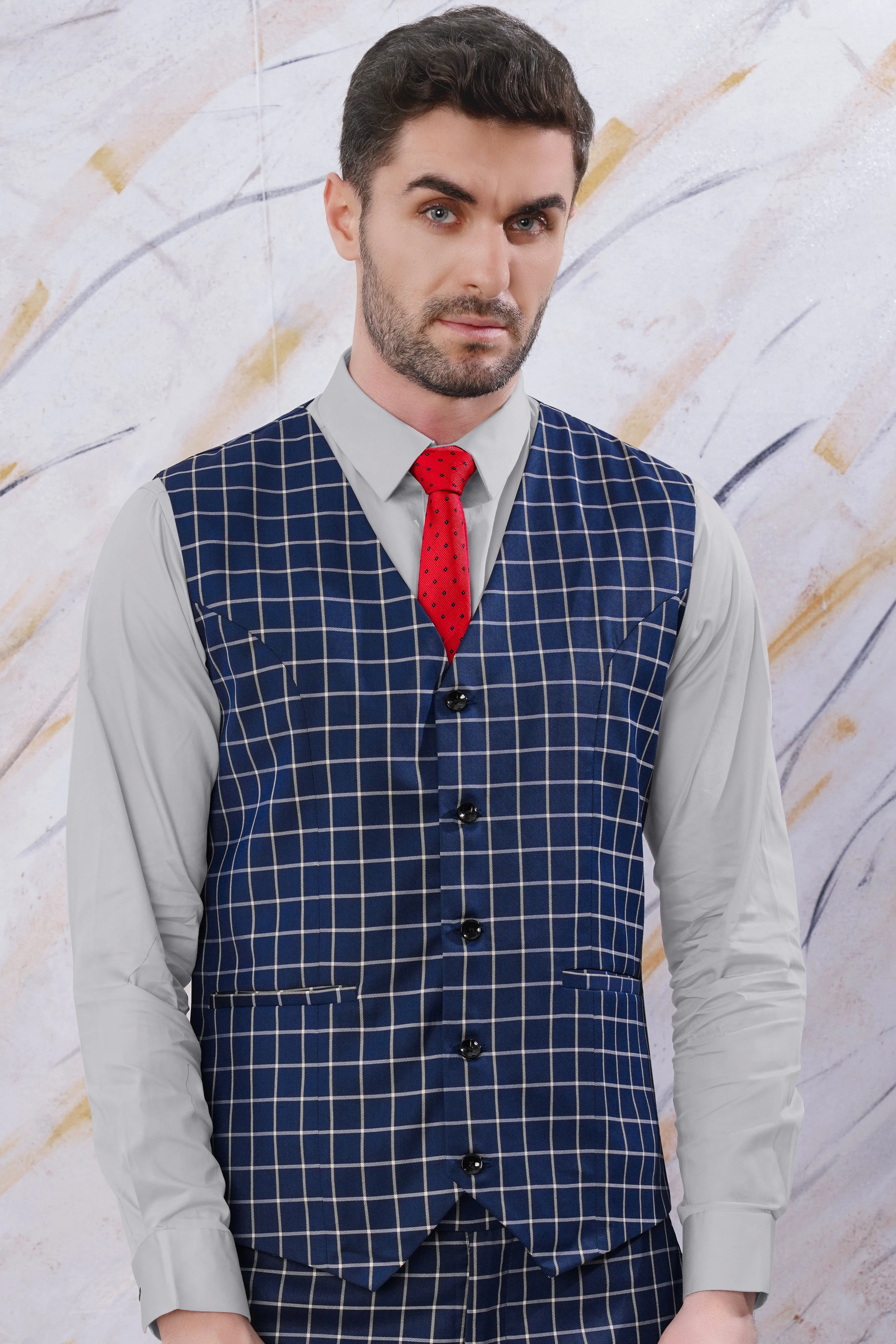 Marine Blue and White Windowpane Wool Rich Waistcoat sold by French Crown product image thumbnail 2