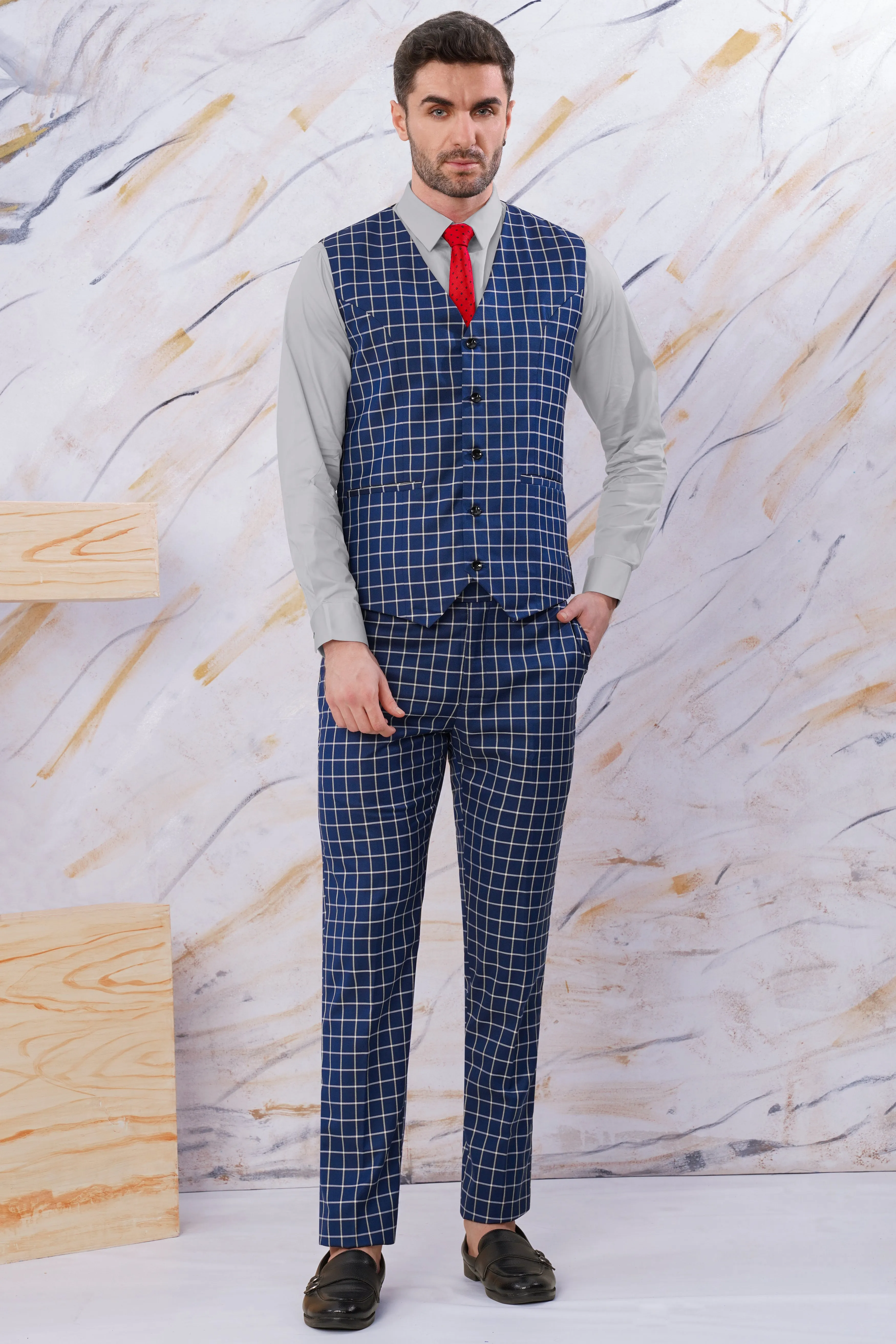 Marine Blue and White Windowpane Wool Rich Waistcoat sold by French Crown product image thumbnail 5