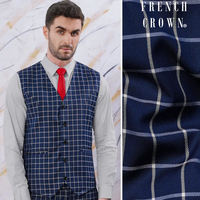 Marine Blue and White Windowpane Wool Rich Waistcoat sold by French Crown