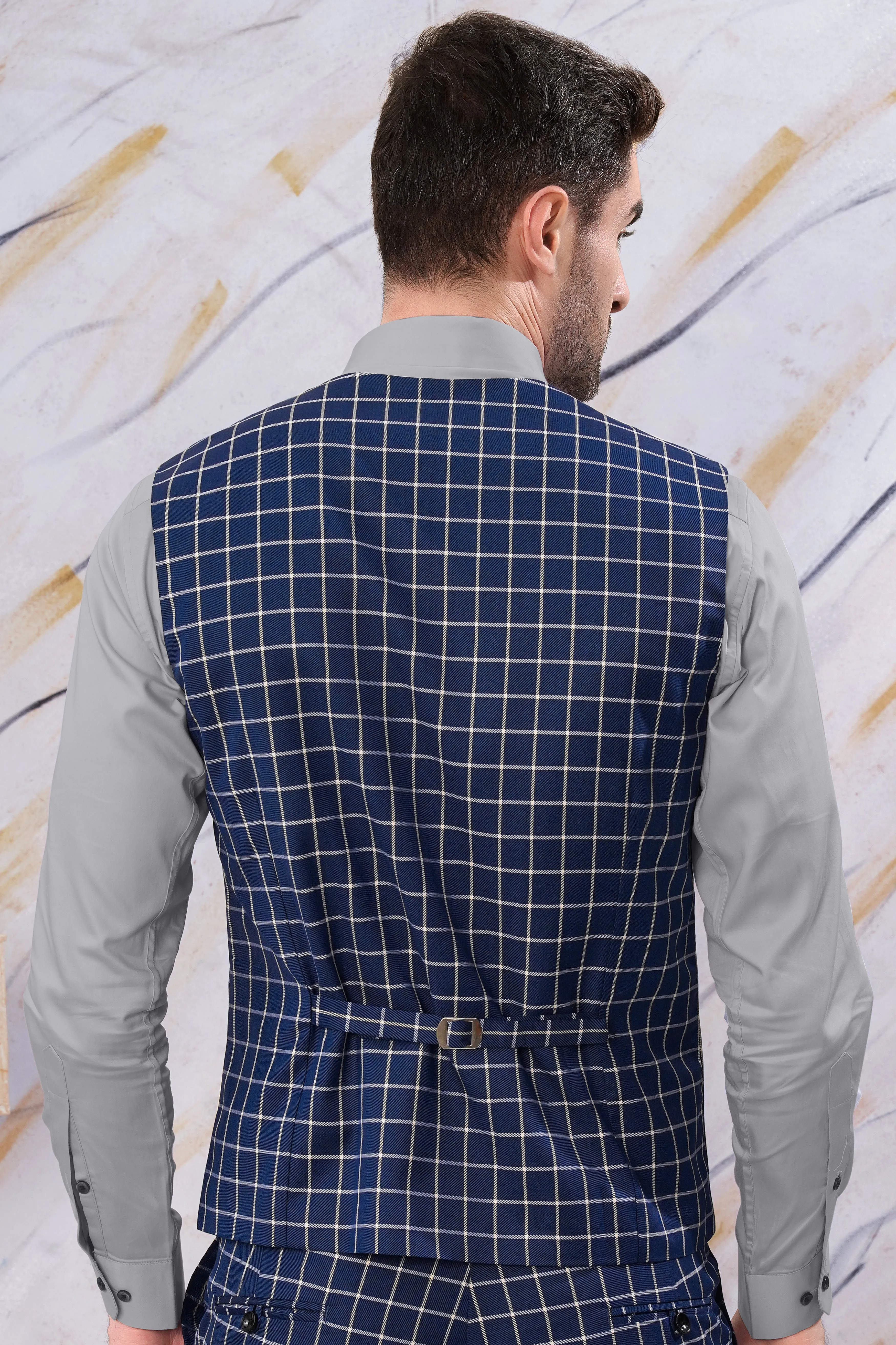 Marine Blue and White Windowpane Wool Rich Waistcoat sold by French Crown product image thumbnail 4