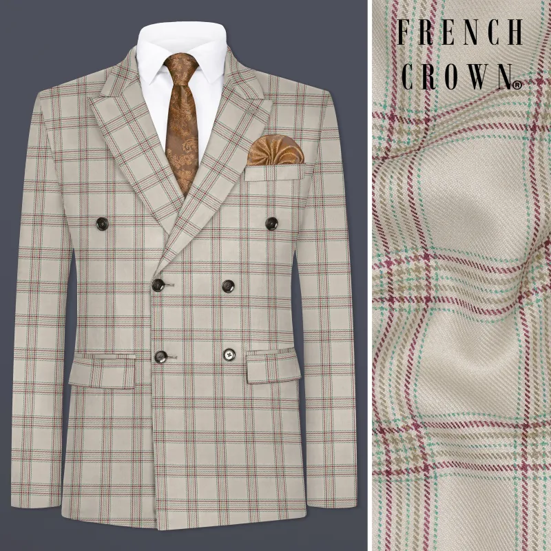 Swirl Cream with Maroon and Green windowpane Tweed Double Breasted Blazer sold by French Crown