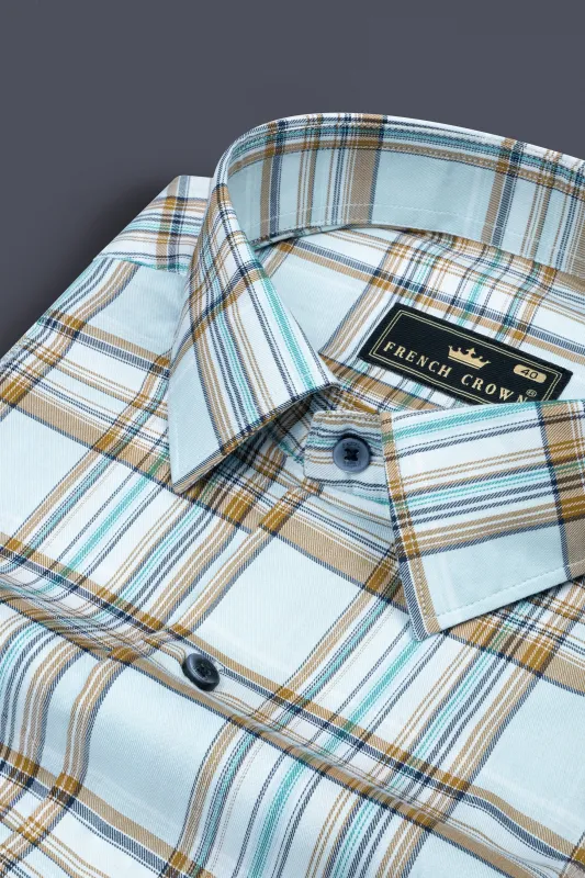 Spindle Blue Shadow Brown Plaid Twill Premium Cotton Shirt sold by French Crown