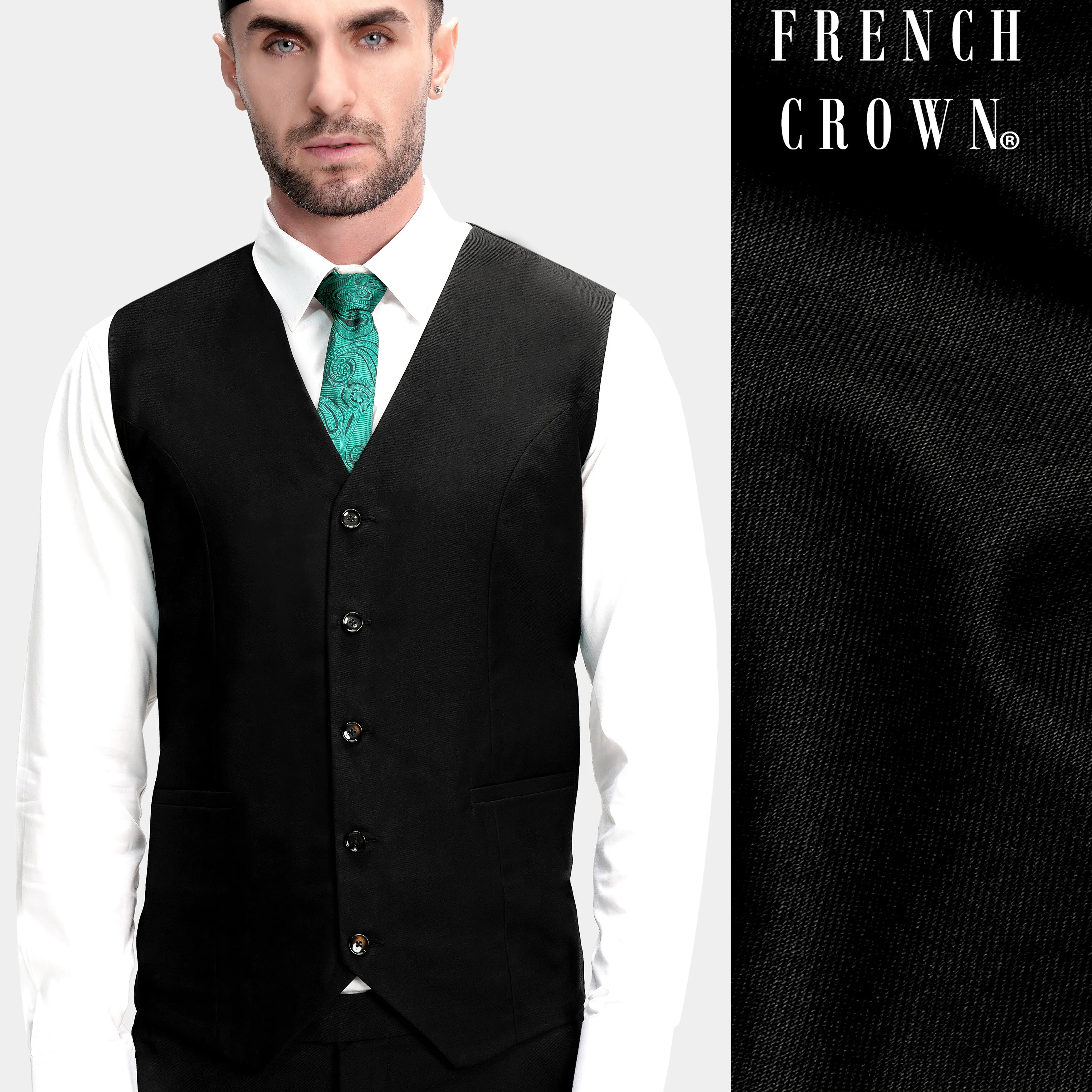 Jade Black Wool Rich Stretchable traveler Waistcoat sold by French Crown