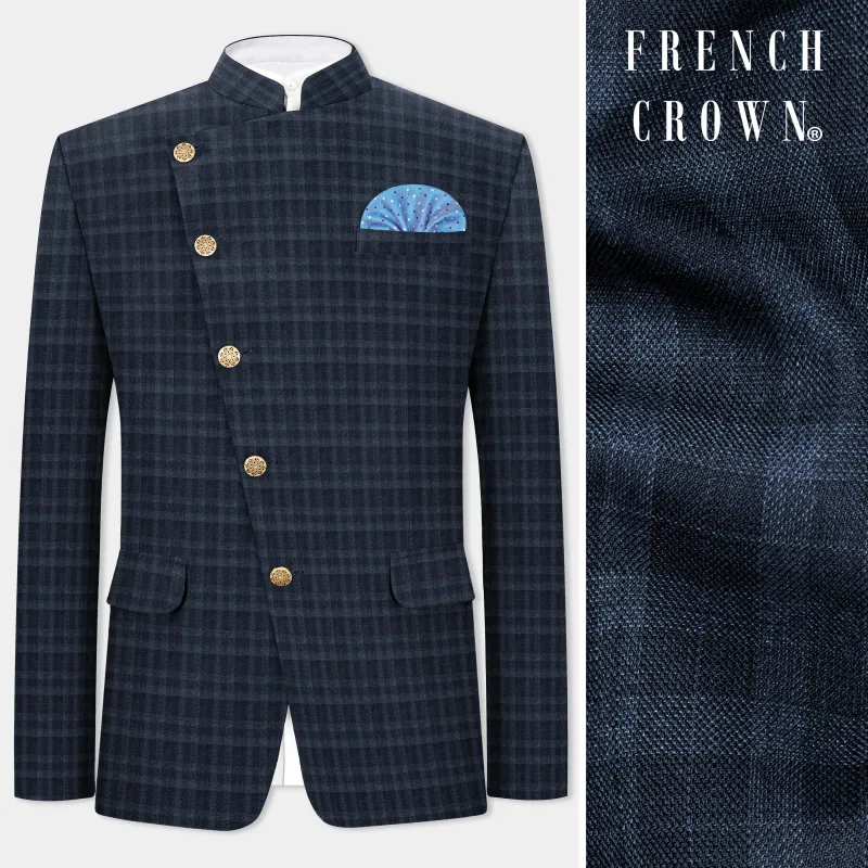 Baltic Blue Plaid Wool Rich Cross Placket Bandhgala Blazer sold by French Crown