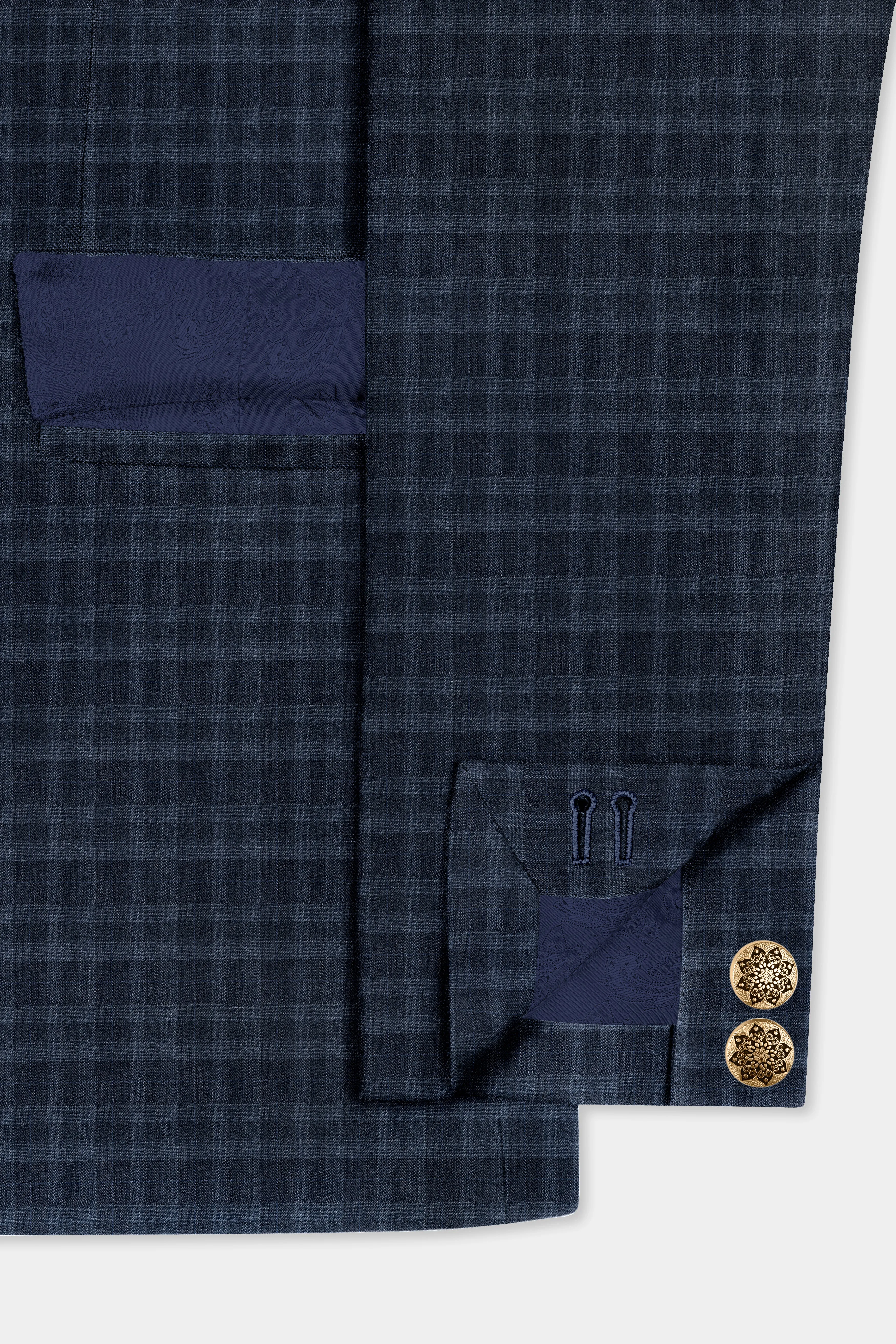 Baltic Blue Plaid Wool Rich Cross Placket Bandhgala Suit sold by French Crown product image thumbnail 5