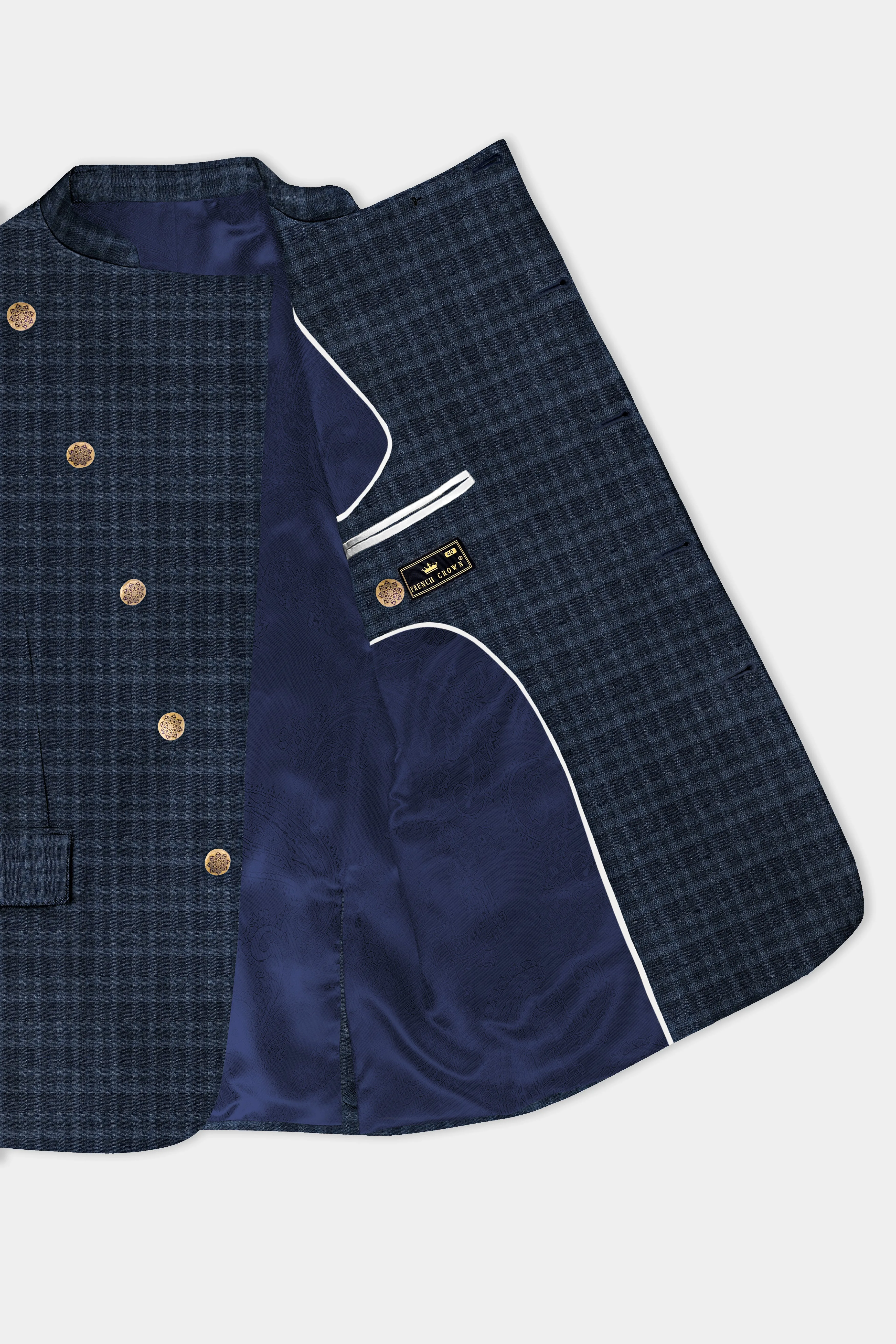 Baltic Blue Plaid Wool Rich Cross Placket Bandhgala Suit sold by French Crown product image thumbnail 4