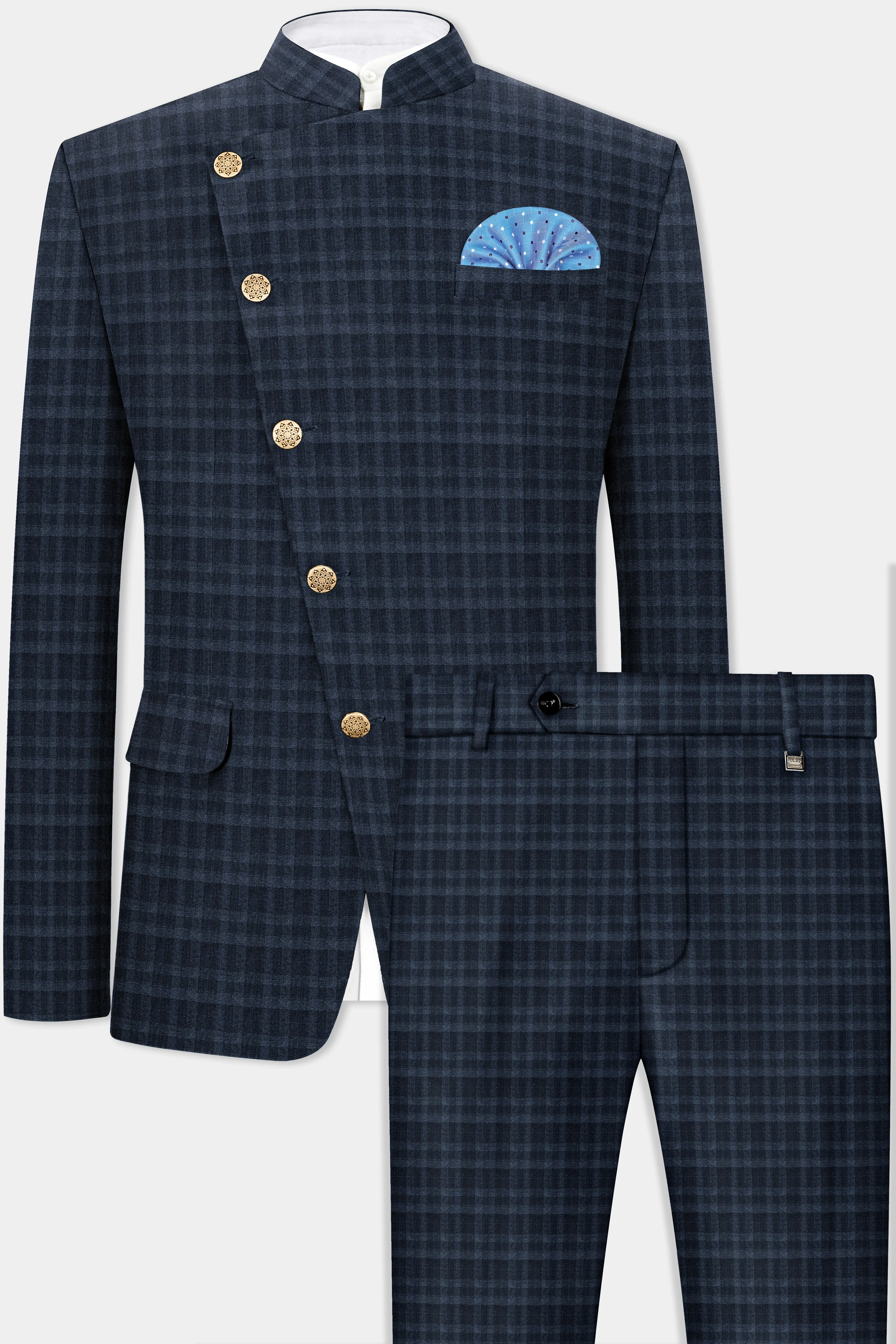 Baltic Blue Plaid Wool Rich Cross Placket Bandhgala Suit sold by French Crown product image thumbnail 2