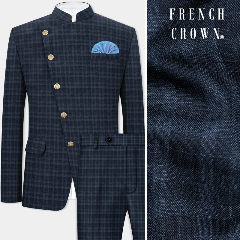 Baltic Blue Plaid Wool Rich Cross Placket Bandhgala Suit sold by French Crown