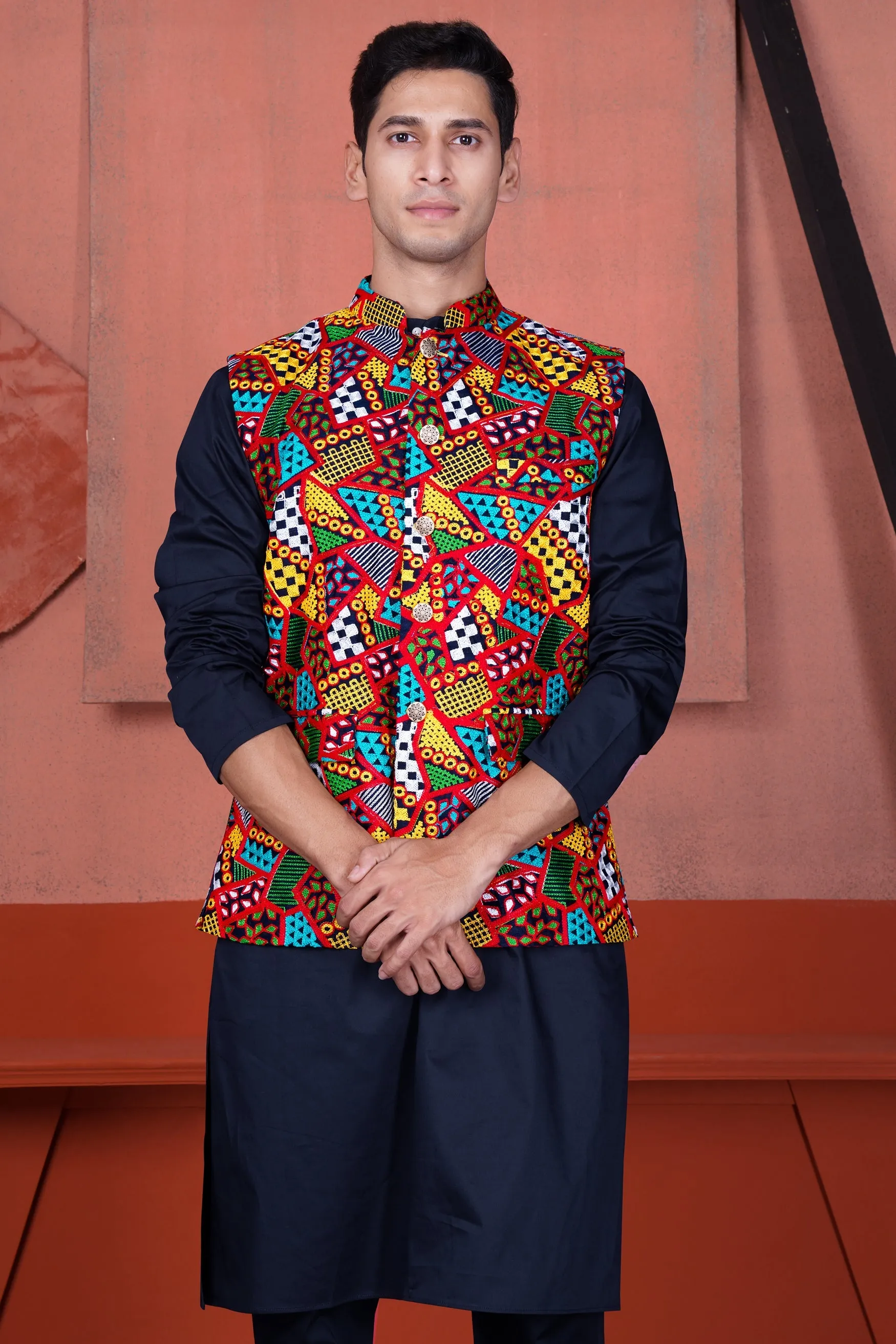 Haiti Blue Kurta with Canray Orange and Catalina Blue Multicolour Cotton Thread Embroidered Designer Nehru Jacket sold by French Crown product image thumbnail 5