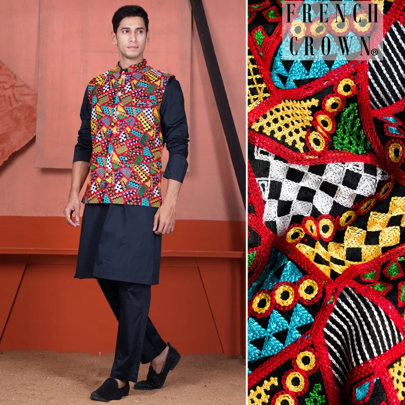 Haiti Blue Kurta with Canray Orange and Catalina Blue Multicolour Cotton Thread Embroidered Designer Nehru Jacket sold by French Crown