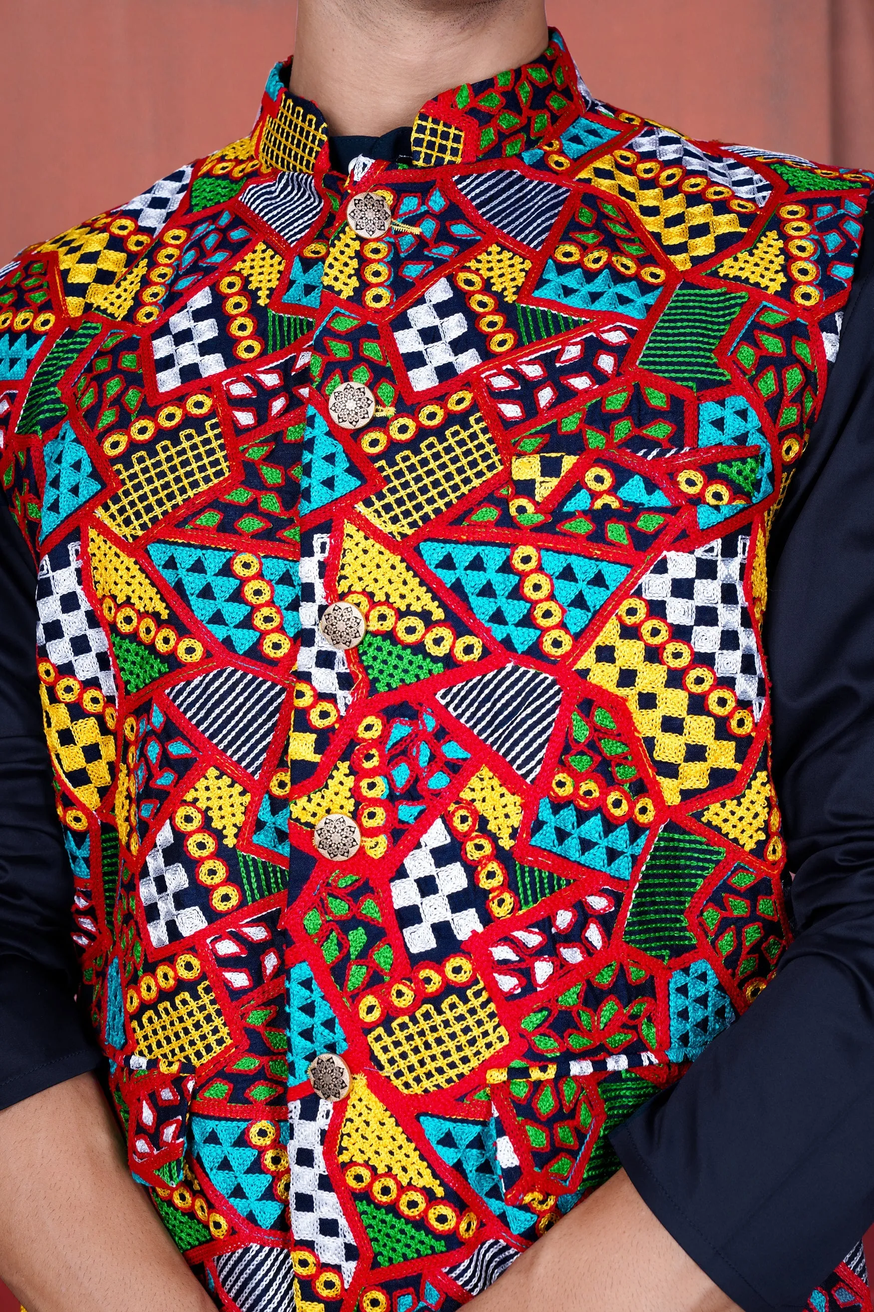 Haiti Blue Kurta with Canray Orange and Catalina Blue Multicolour Cotton Thread Embroidered Designer Nehru Jacket sold by French Crown product image thumbnail 4