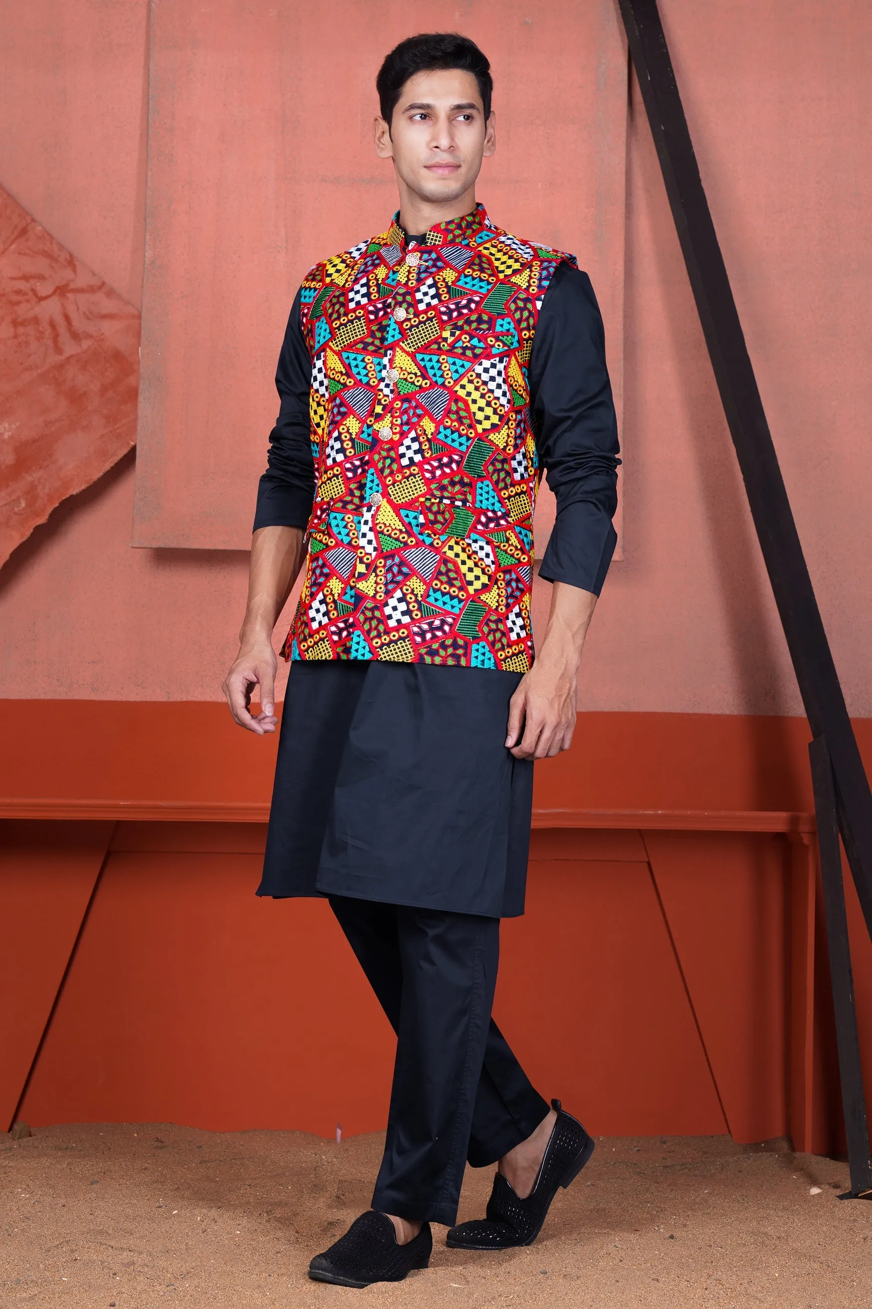 Haiti Blue Kurta with Canray Orange and Catalina Blue Multicolour Cotton Thread Embroidered Designer Nehru Jacket sold by French Crown product image thumbnail 2