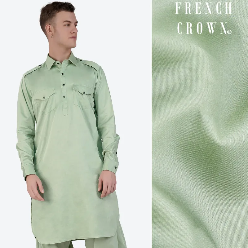 Coriander Green Subtle Sheen Super Soft Premium Cotton Pathani Kurta sold by French Crown