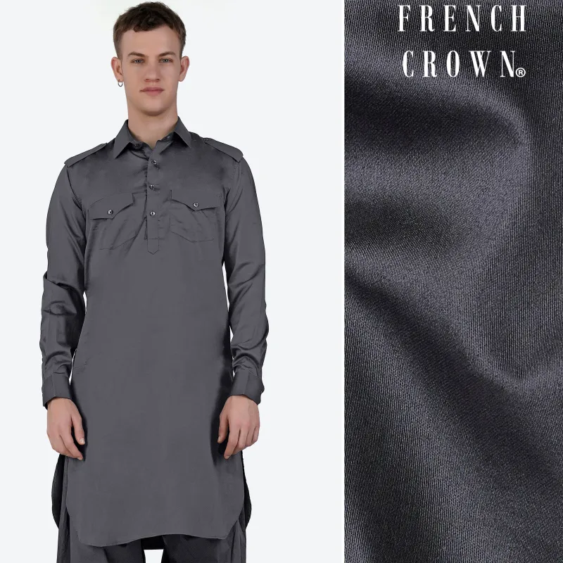 Iridium Gray Subtle Sheen Super Soft Premium Cotton Pathani Kurta sold by French Crown