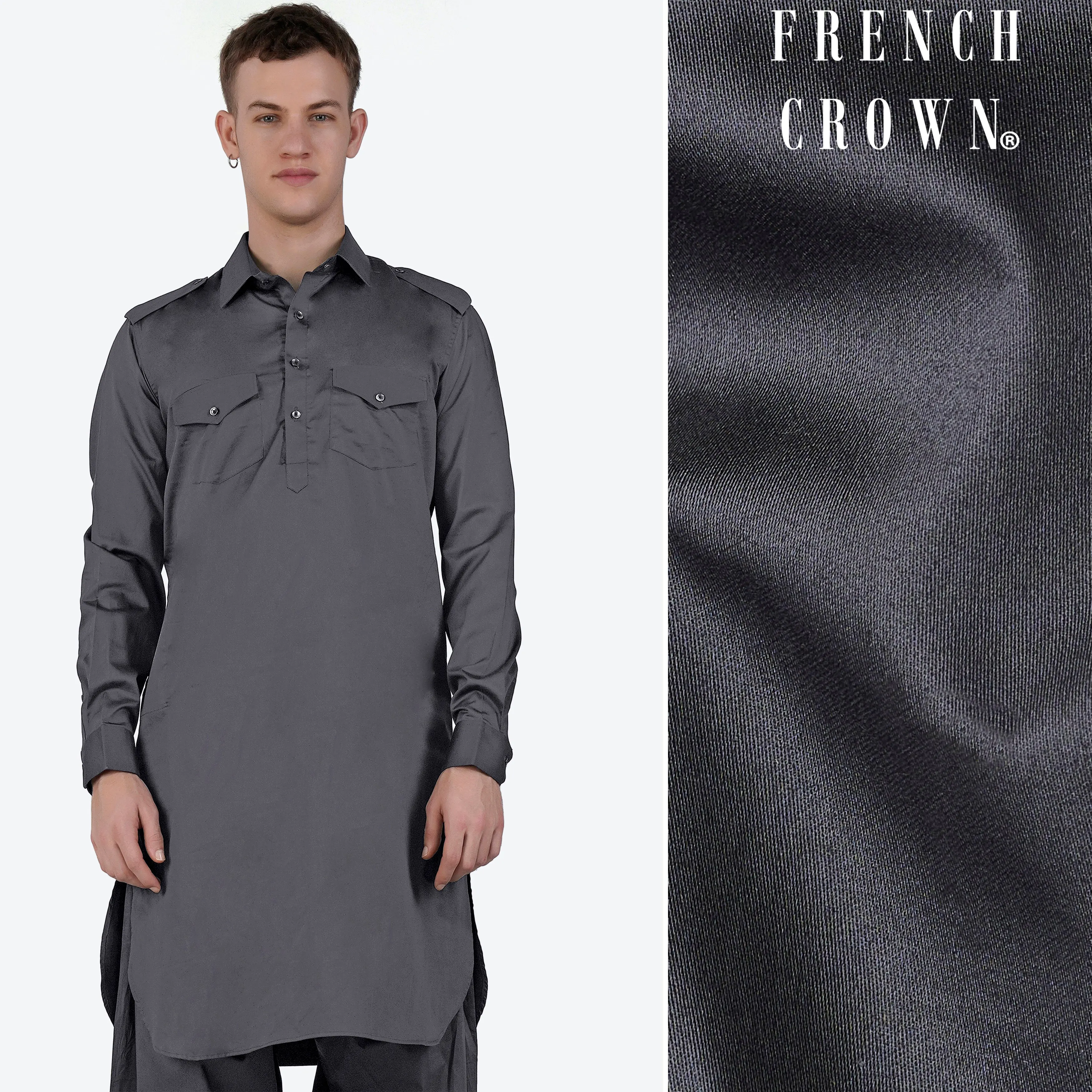 Iridium Gray Subtle Sheen Super Soft Premium Cotton Pathani Kurta sold by French Crown