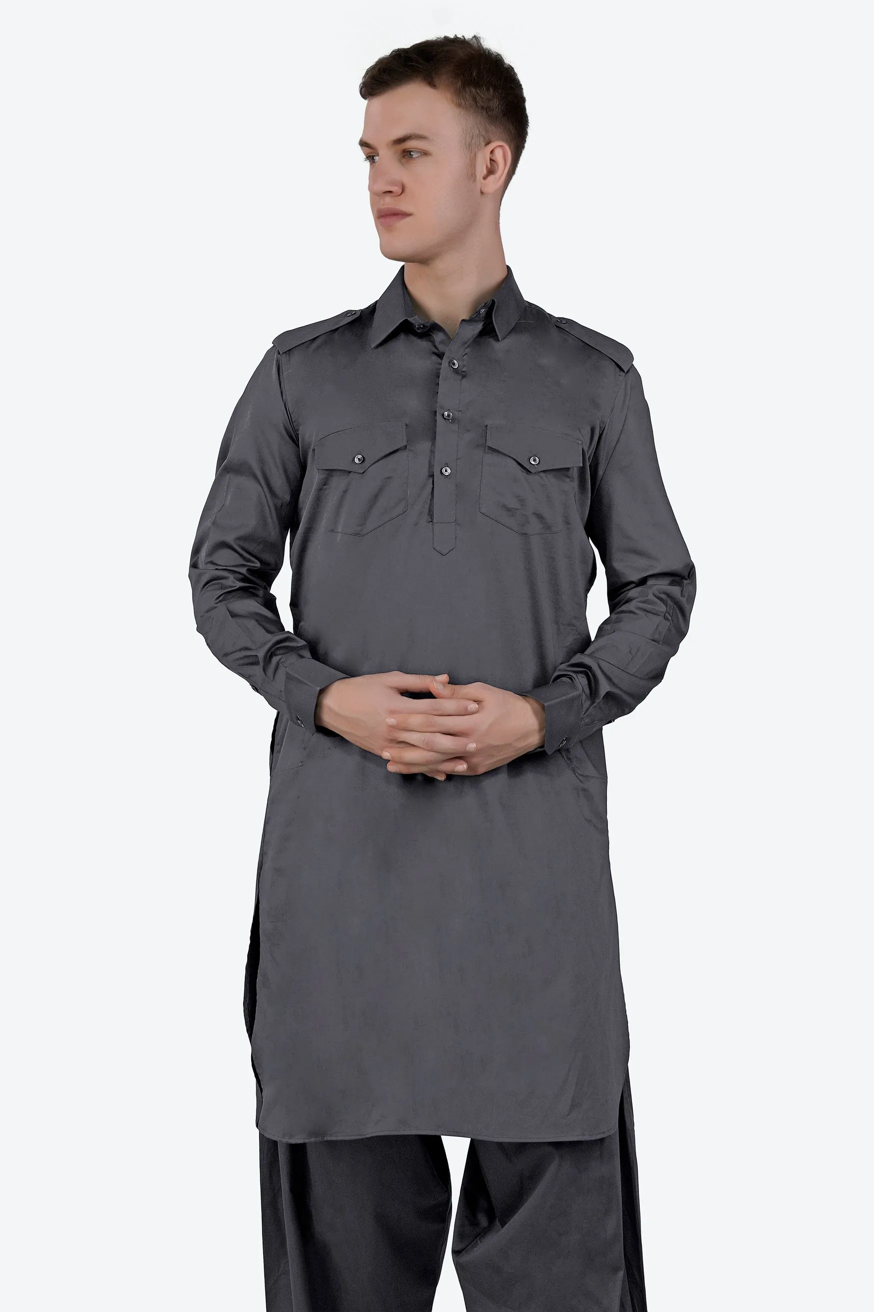 Iridium Gray Subtle Sheen Super Soft Premium Cotton Pathani Kurta sold by French Crown product image thumbnail 4