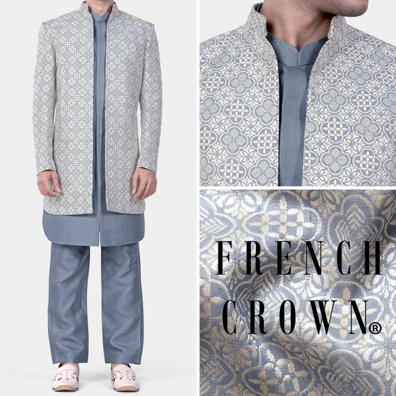 Cadet Blue and White Moroccan Jacquard Textured Designer Indo-Western sold by French Crown