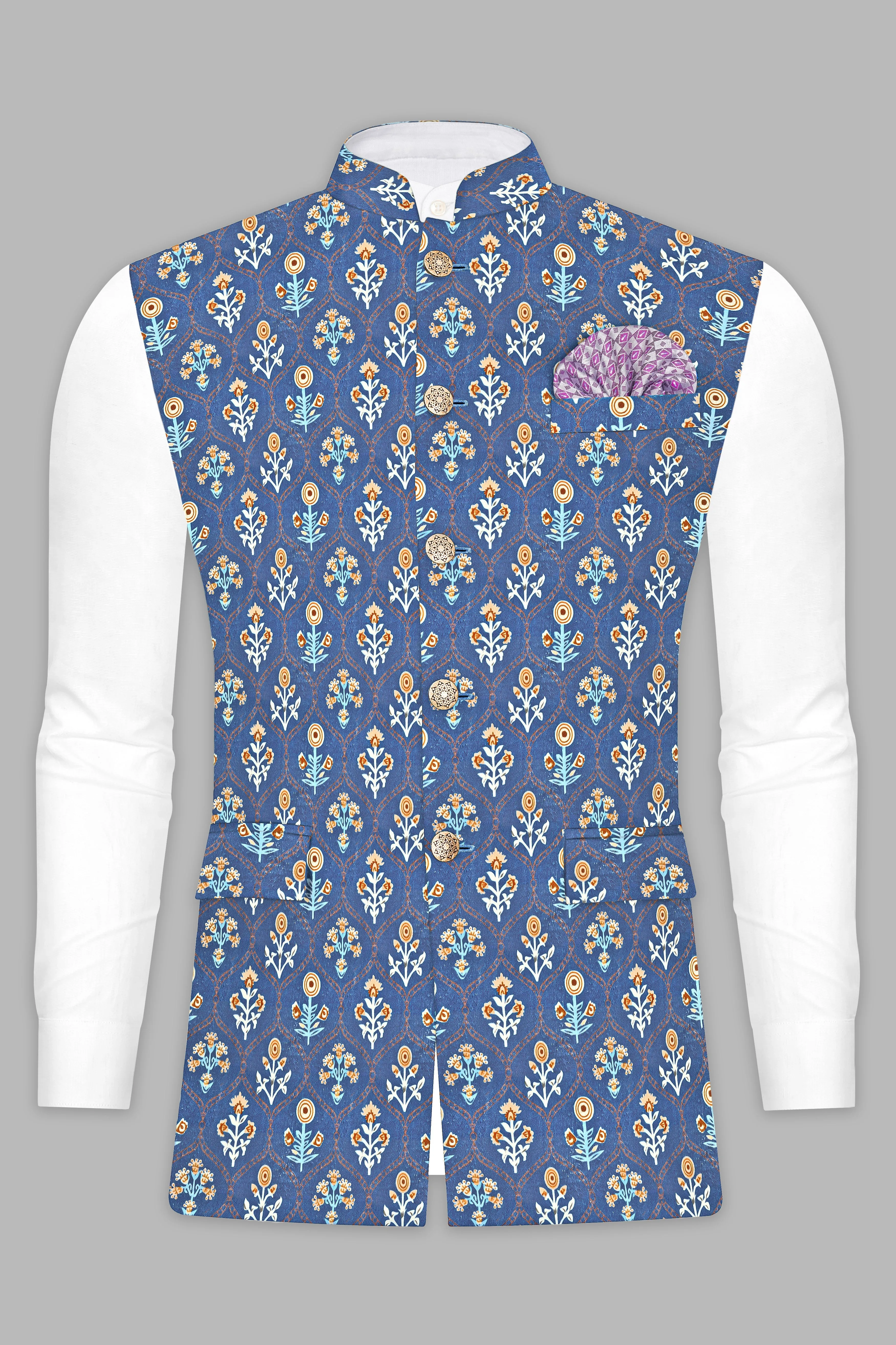 Tealish Blue And Peach Velvet Designer Printed Nehru Jacket sold by French Crown product image thumbnail 2