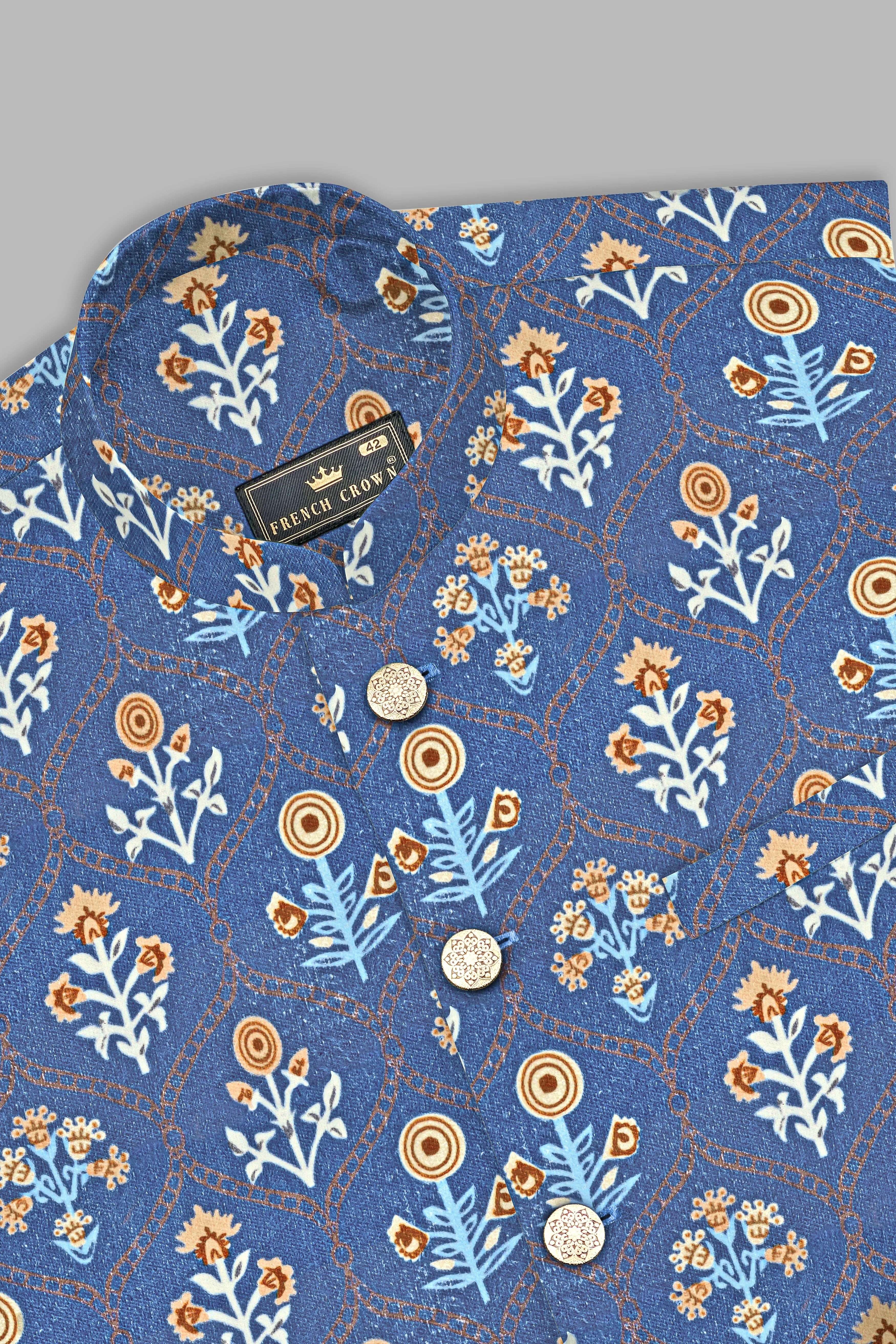 Tealish Blue And Peach Velvet Designer Printed Nehru Jacket sold by French Crown product image thumbnail 4