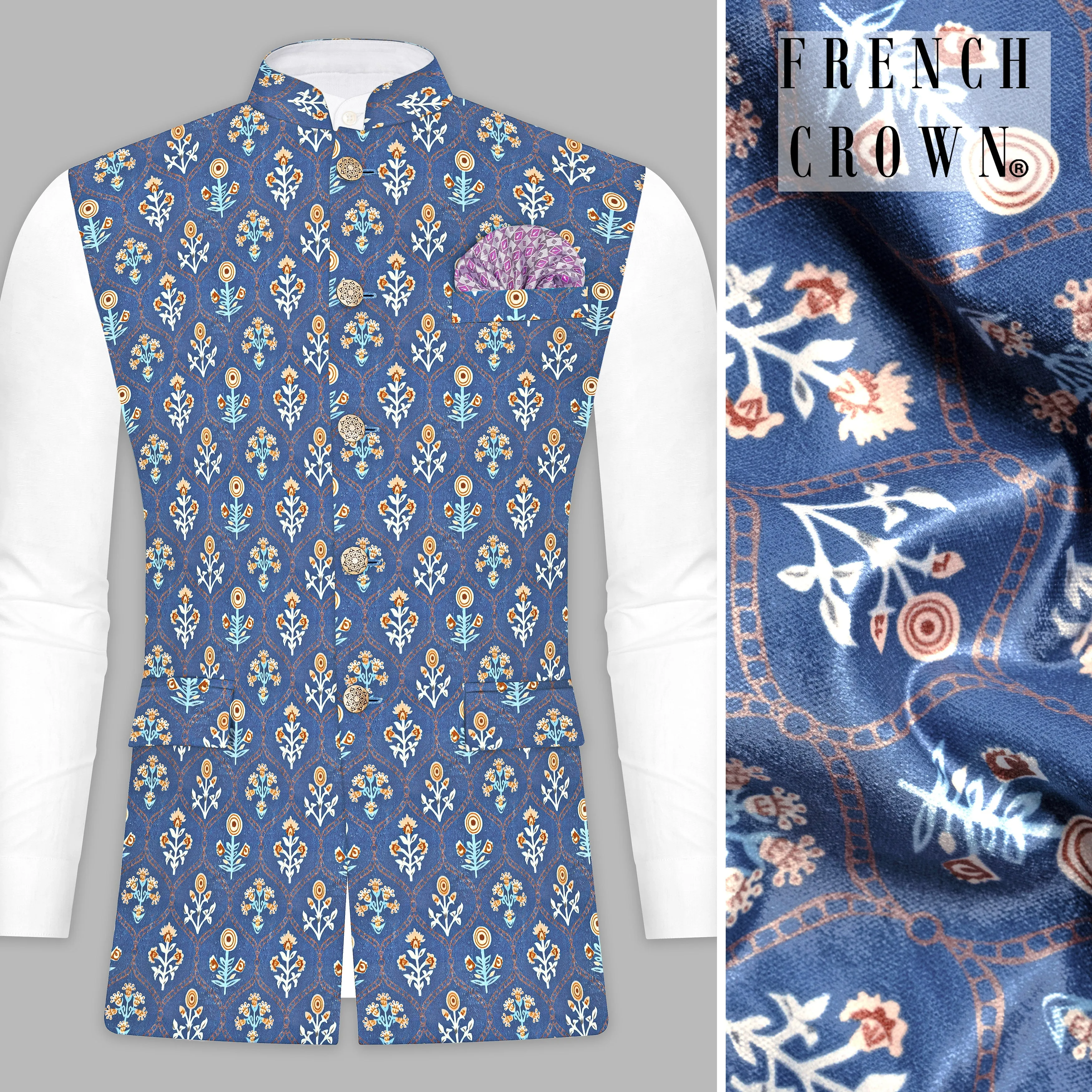 Tealish Blue And Peach Velvet Designer Printed Nehru Jacket sold by French Crown