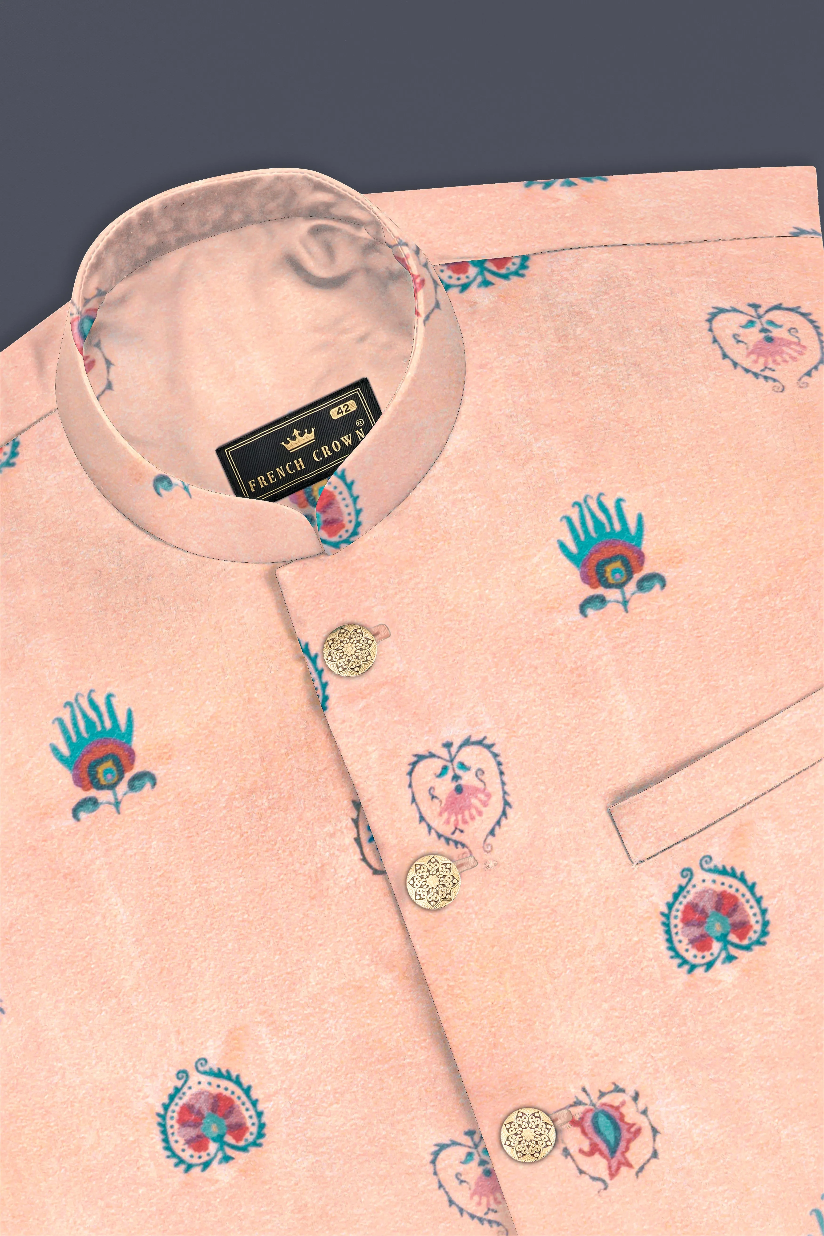 Spanish Peach And Glacier Blue Velvet Printed Designer Nehru Jacket sold by French Crown product image thumbnail 4