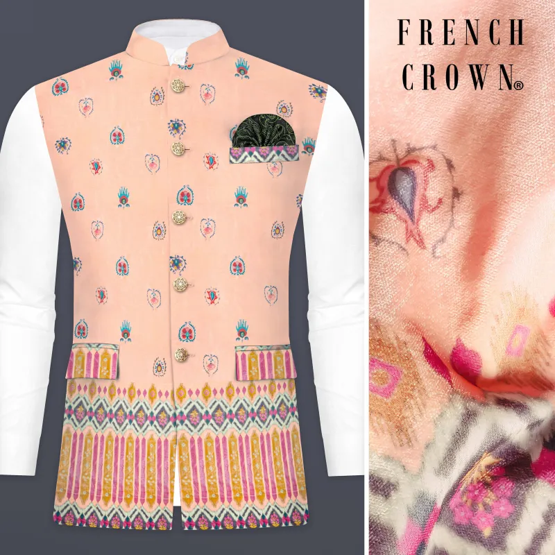 Spanish Peach And Glacier Blue Velvet Printed Designer Nehru Jacket sold by French Crown